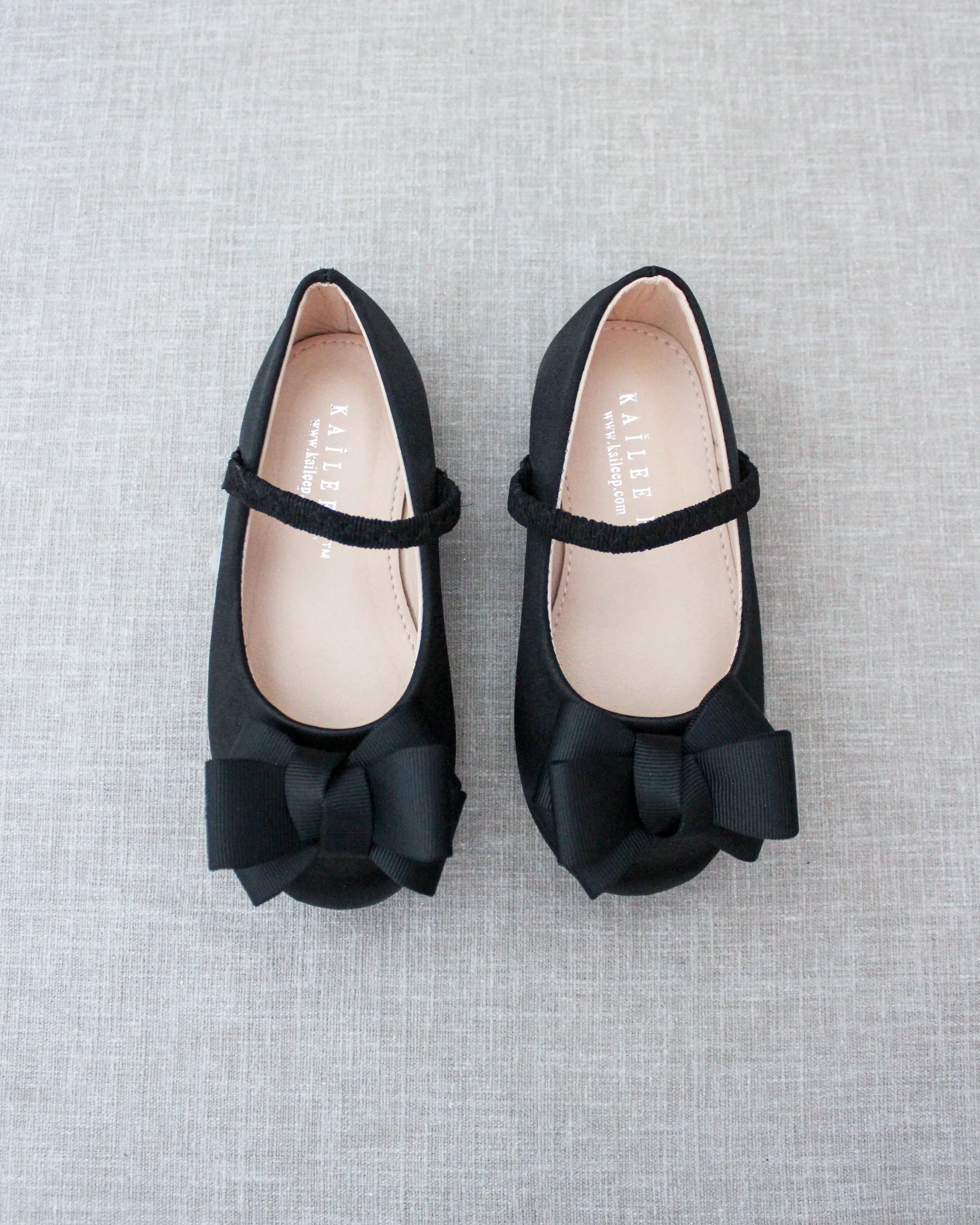 Black Satin Mary Jane Flats with Grosgrain Bow