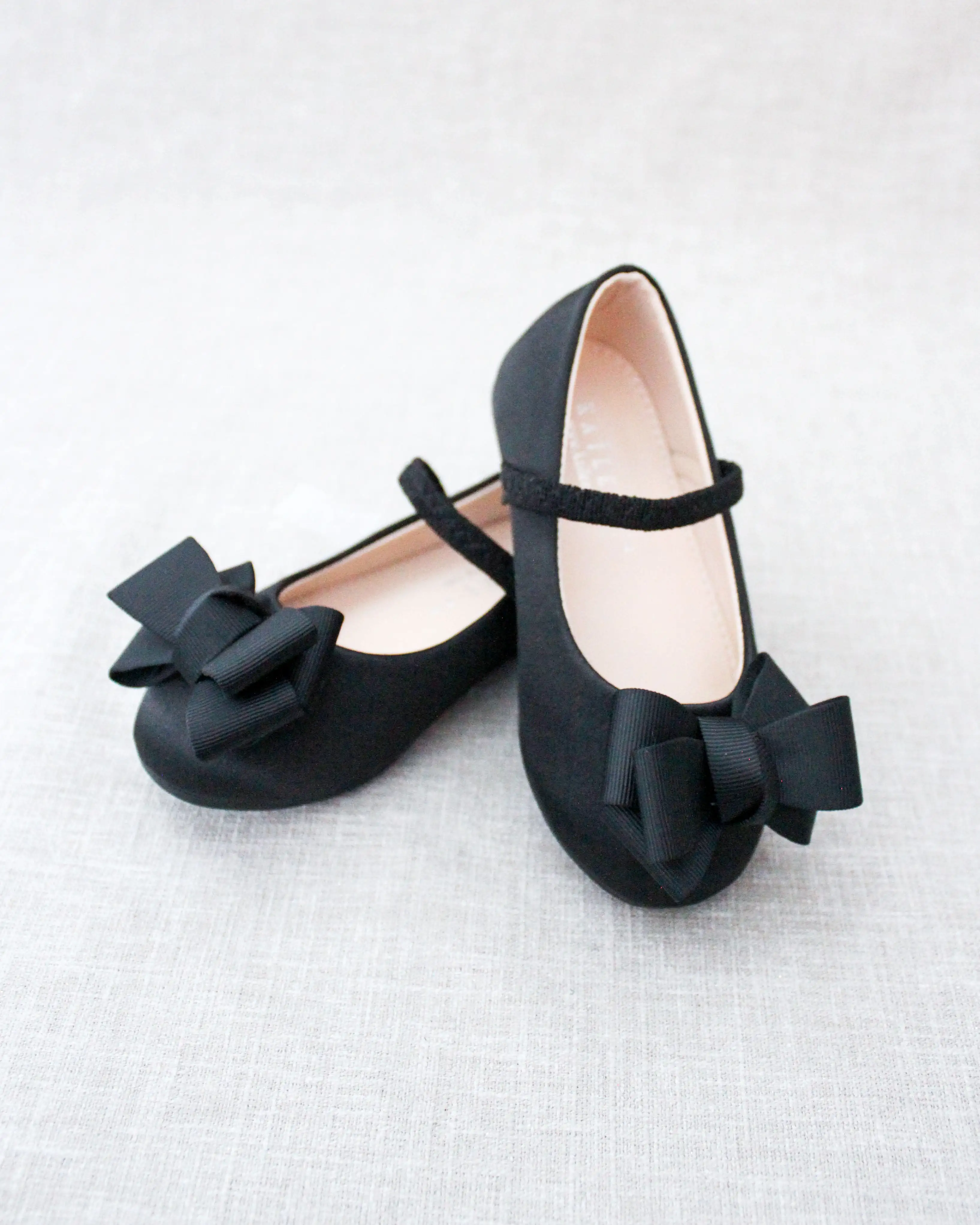 Black Satin Mary Jane Flats with Grosgrain Bow