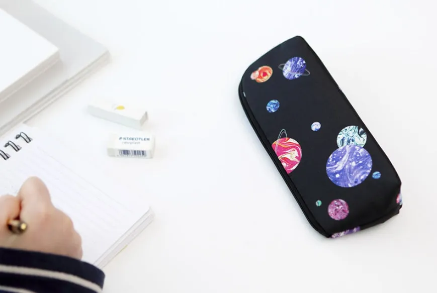 Black Space Planet Graphic Pencil Cases Stationery Zipper School 19cm Office Cosmetics Pouches Artists Designer Prints Gifts Bag