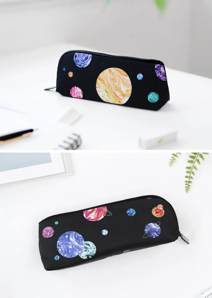 Black Space Planet Graphic Pencil Cases Stationery Zipper School 19cm Office Cosmetics Pouches Artists Designer Prints Gifts Bag