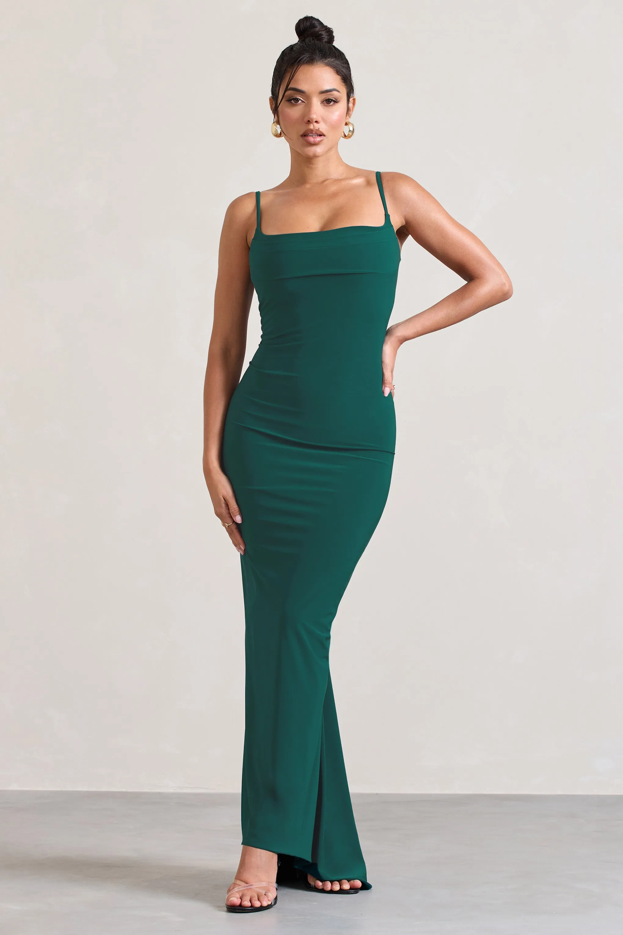 Camera One | Bottle Green Strappy Laced Bodycon Maxi Dress