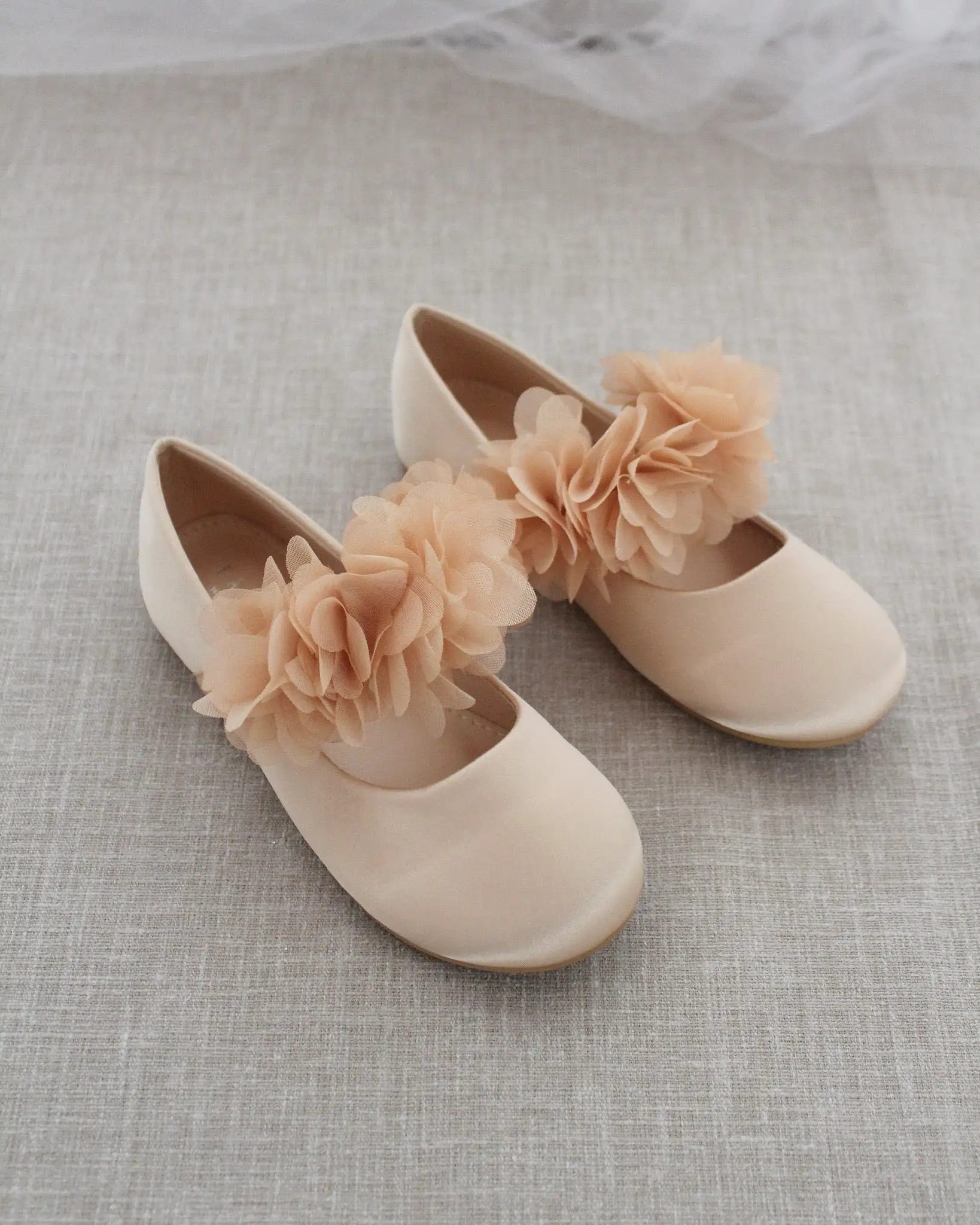 Champagne Satin Mary Jane Flats with Chiffon Flowers