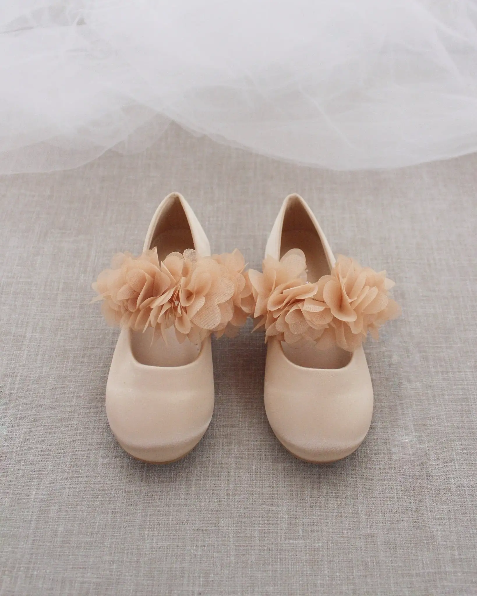 Champagne Satin Mary Jane Flats with Chiffon Flowers