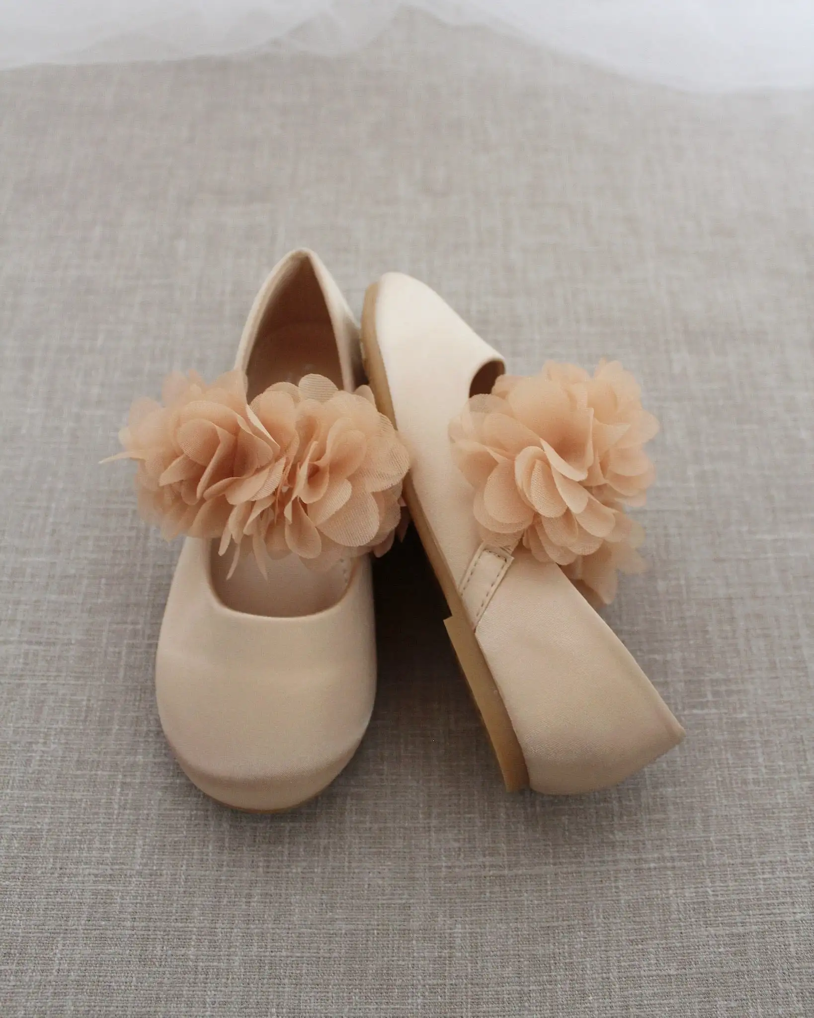 Champagne Satin Mary Jane Flats with Chiffon Flowers