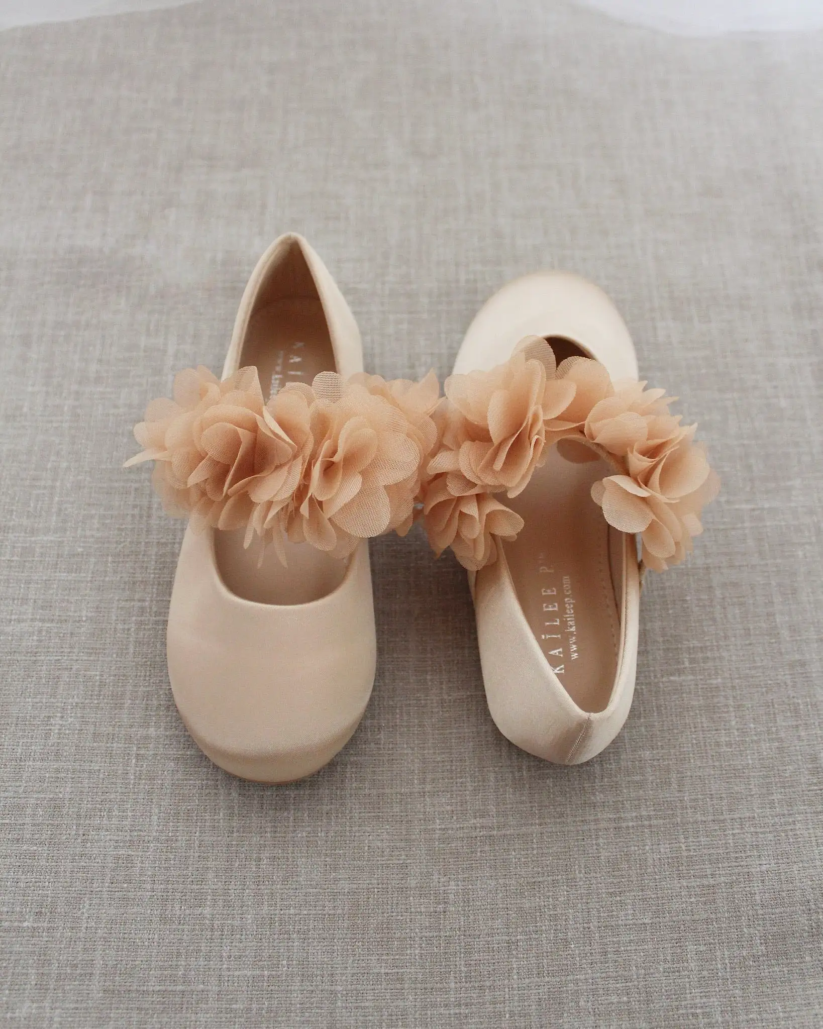 Champagne Satin Mary Jane Flats with Chiffon Flowers