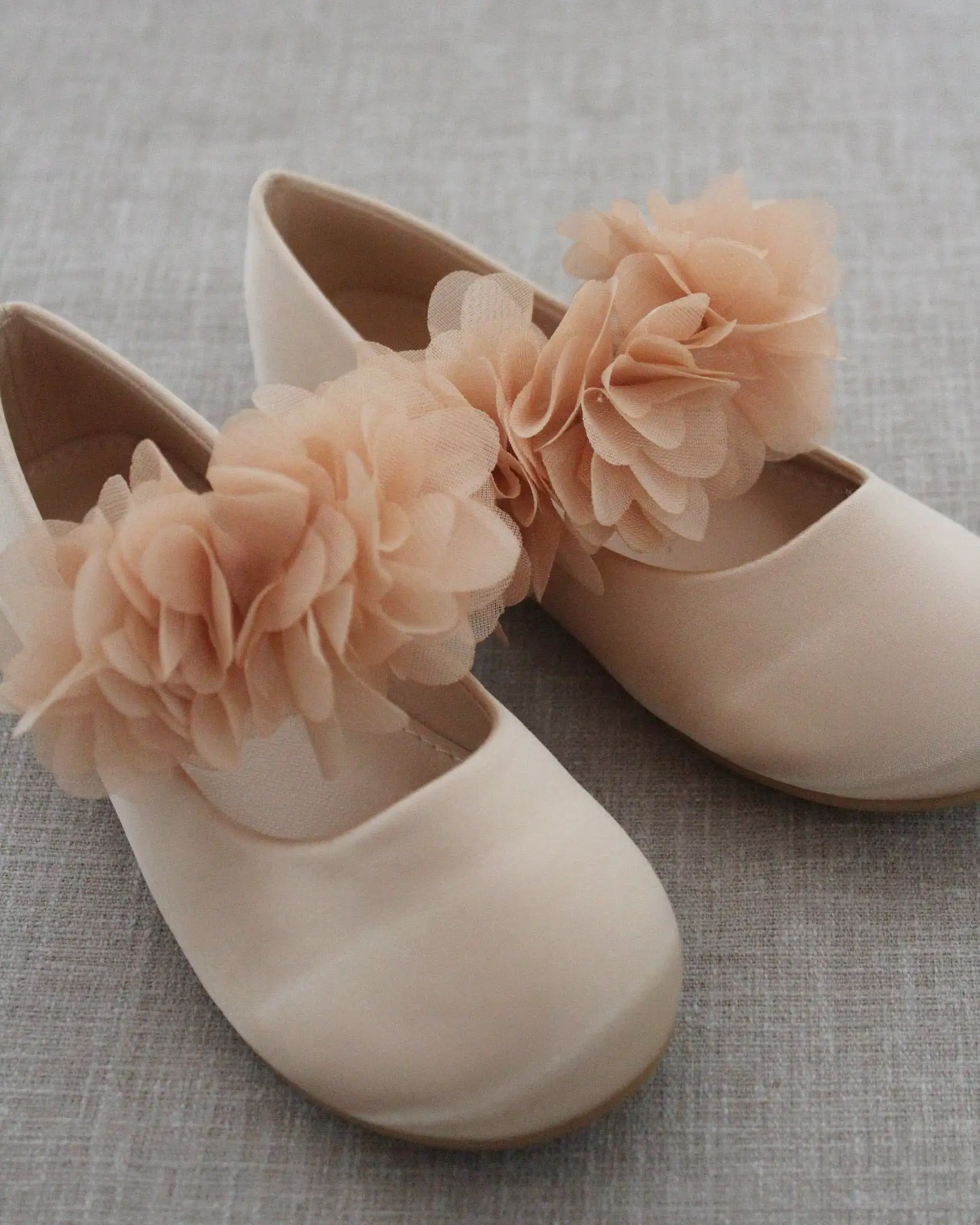 Champagne Satin Mary Jane Flats with Chiffon Flowers