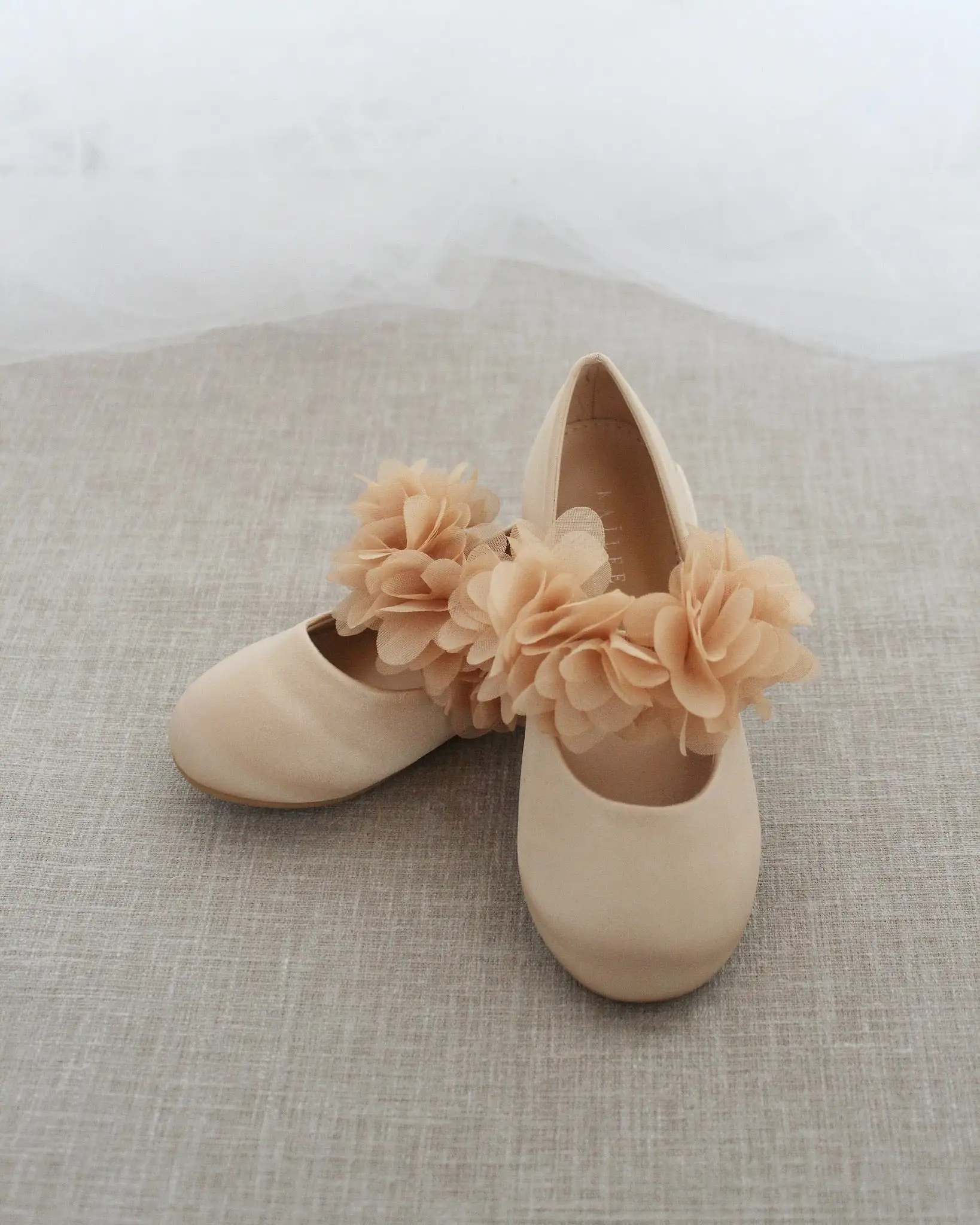 Champagne Satin Mary Jane Flats with Chiffon Flowers