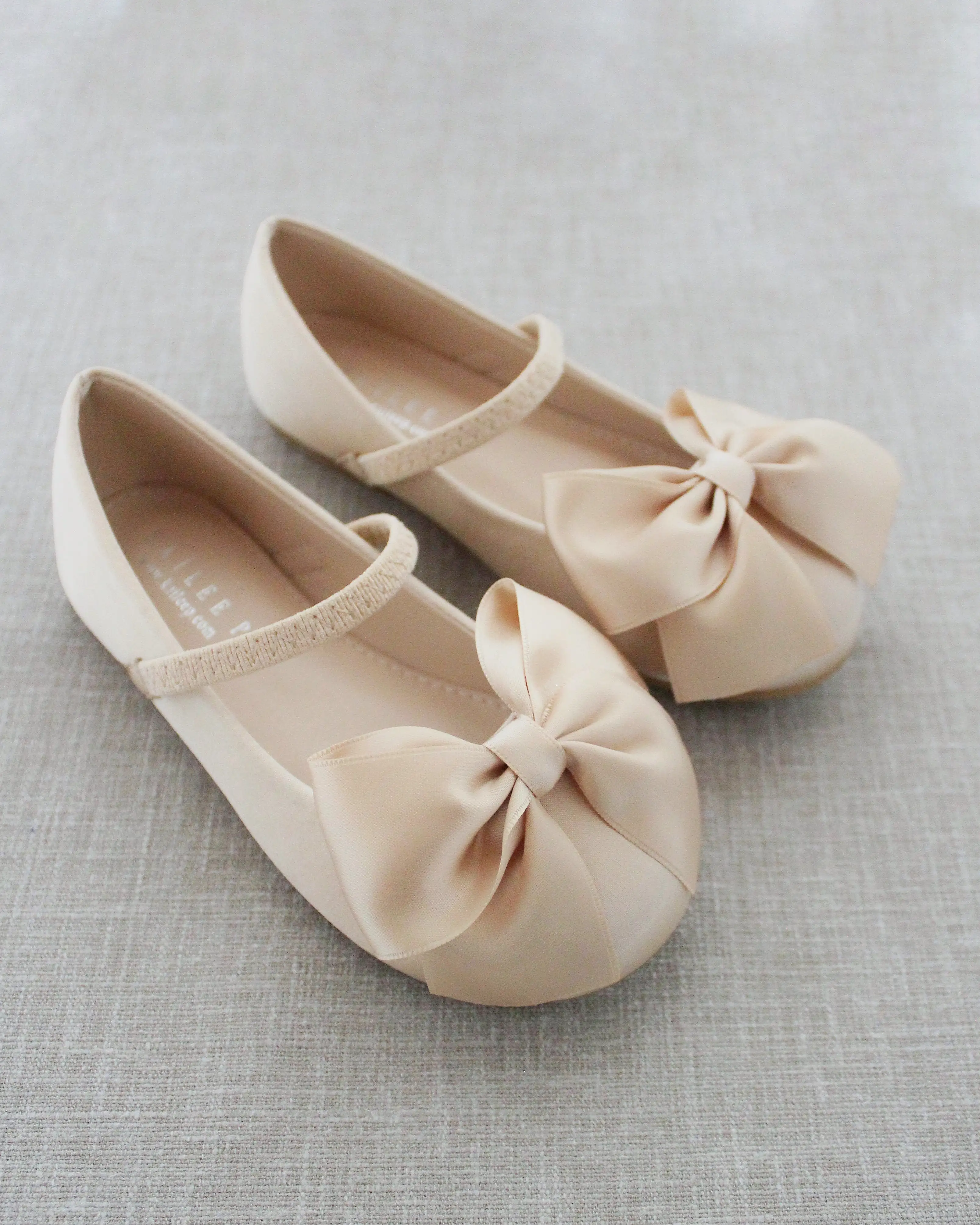 Champagne Satin Mary Jane Flats with Front Satin Bow