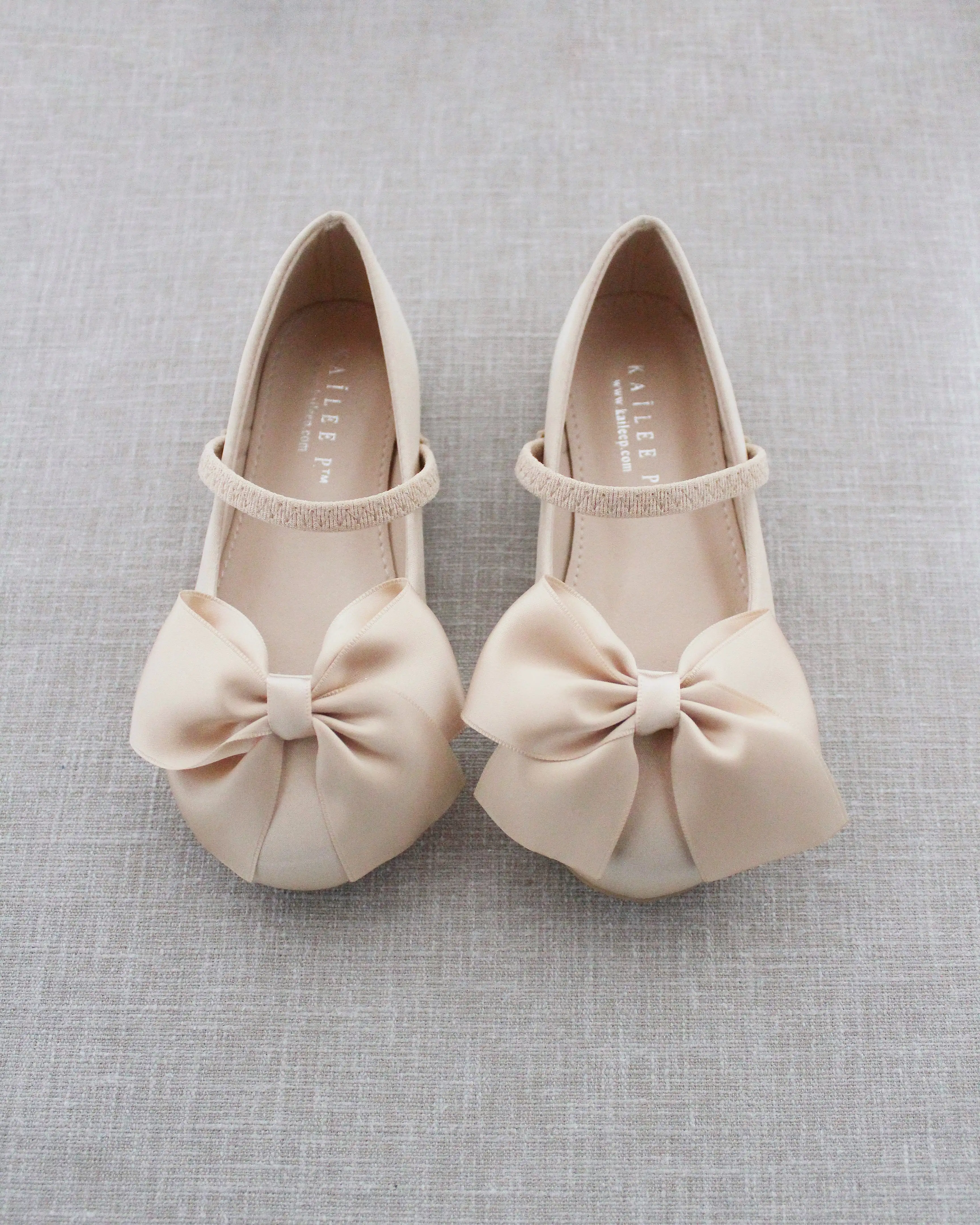 Champagne Satin Mary Jane Flats with Front Satin Bow