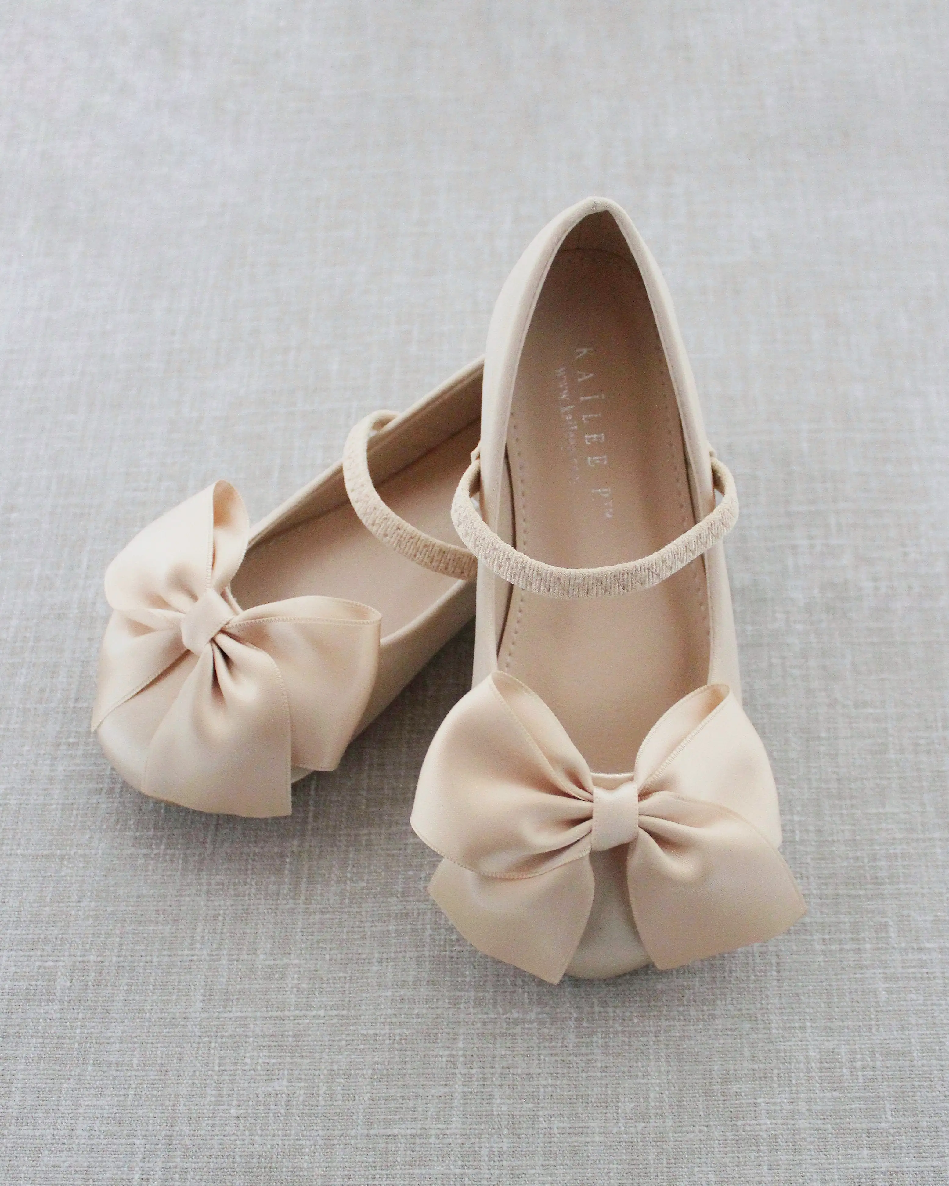 Champagne Satin Mary Jane Flats with Front Satin Bow