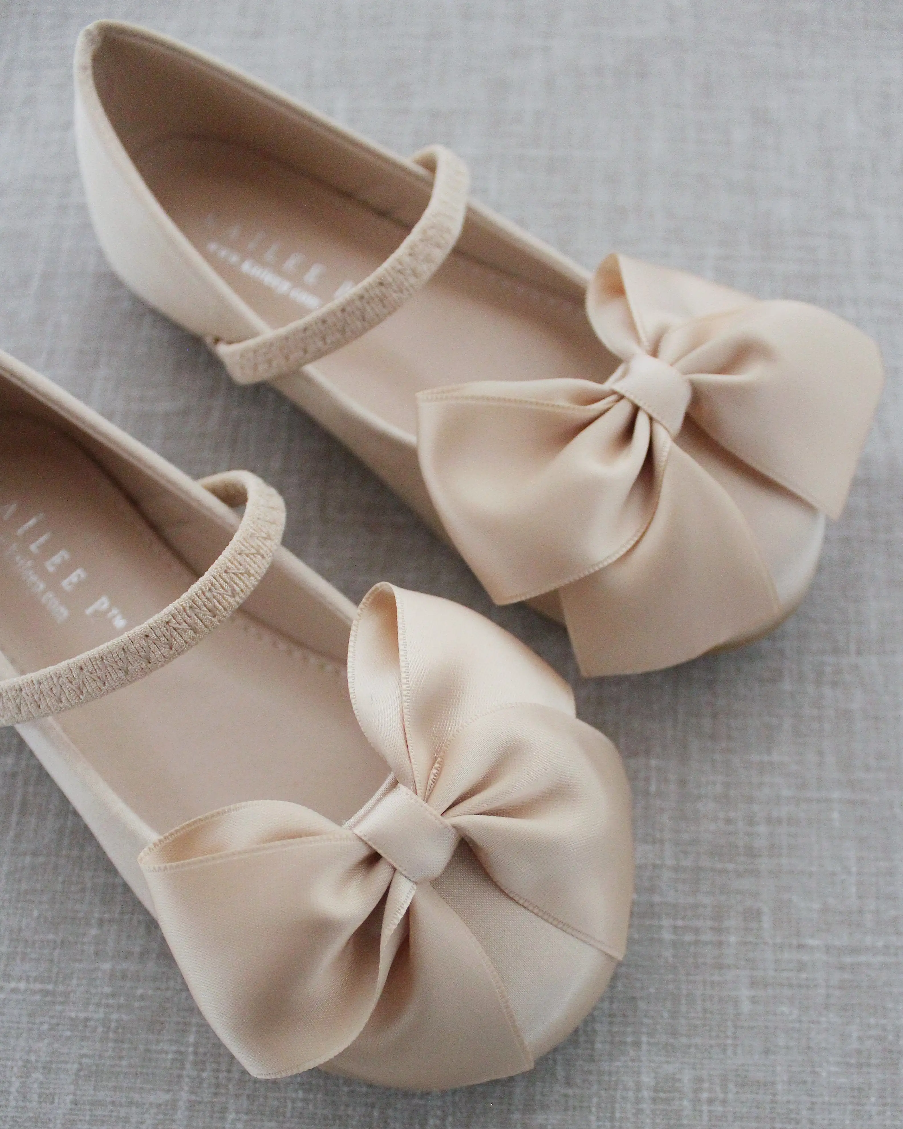 Champagne Satin Mary Jane Flats with Front Satin Bow