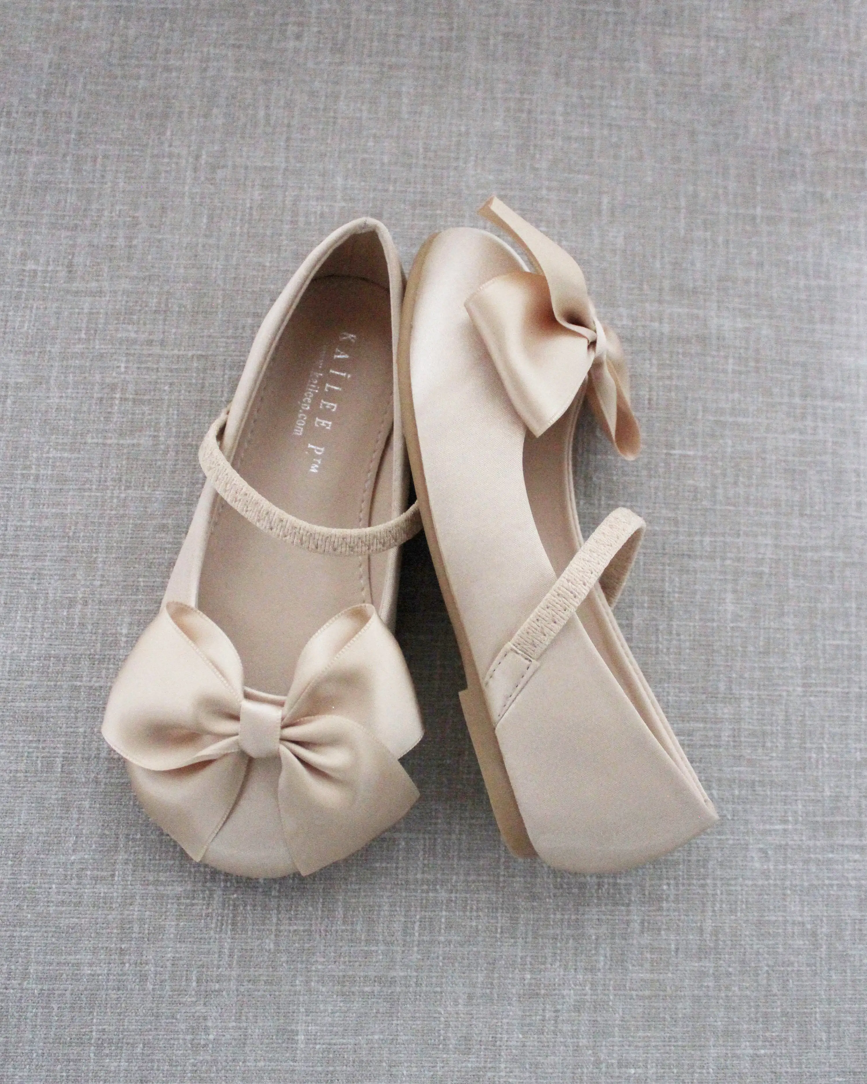 Champagne Satin Mary Jane Flats with Front Satin Bow