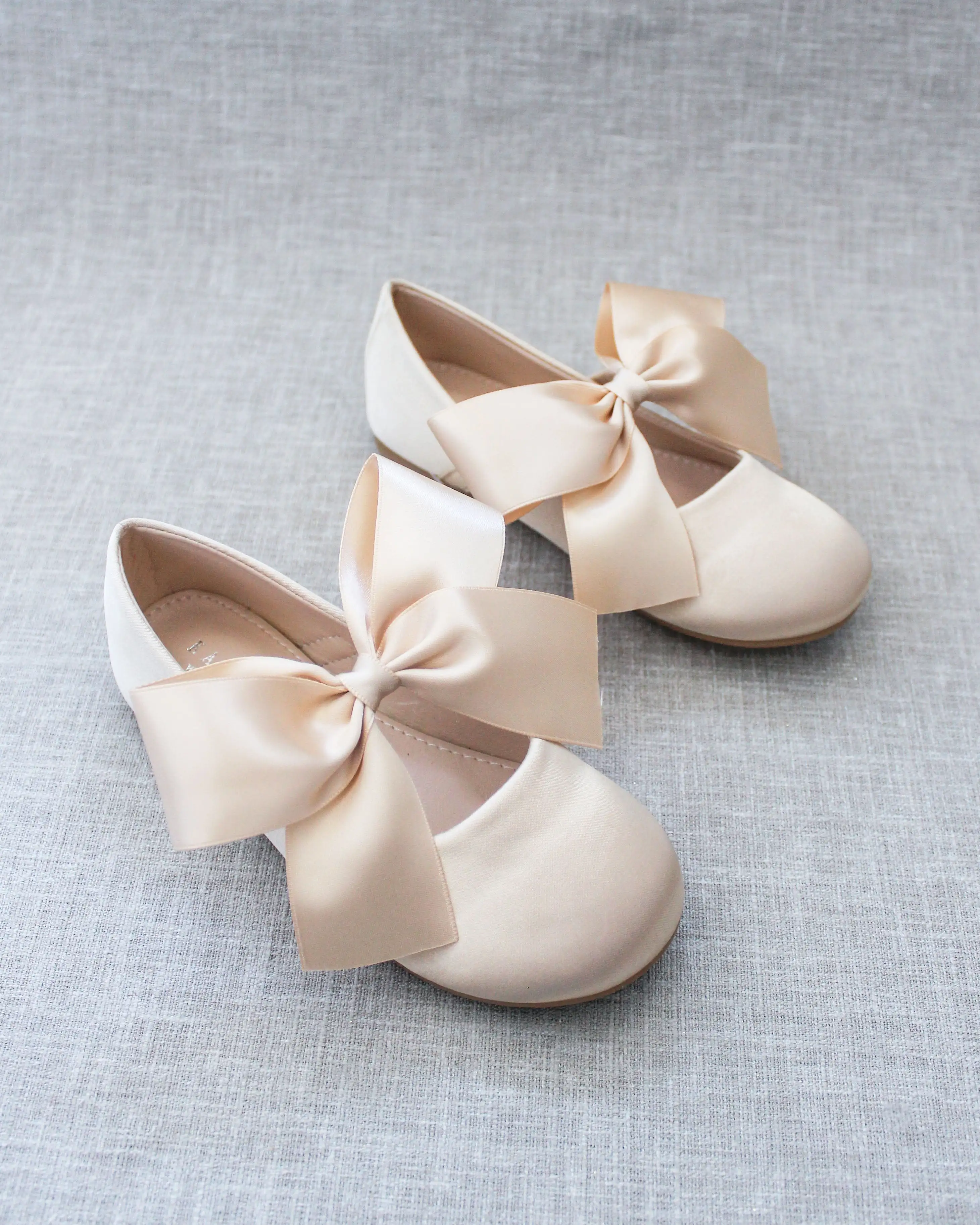 Champagne Satin Mary Jane Flats with Satin Bow