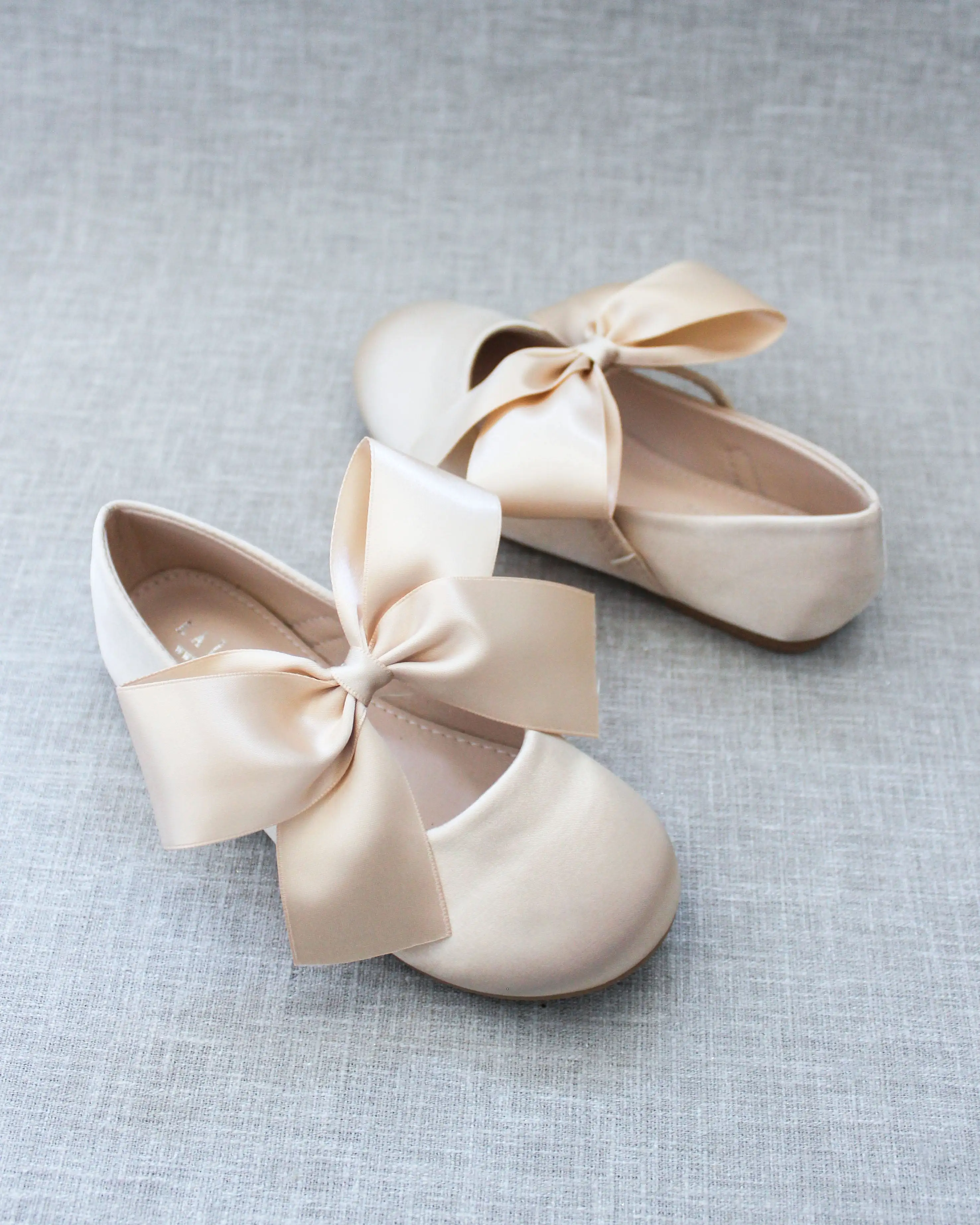 Champagne Satin Mary Jane Flats with Satin Bow