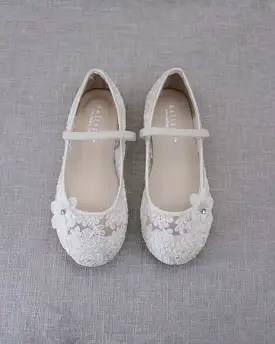 Crochet Lace Mary Jane Flats with Flower Applique