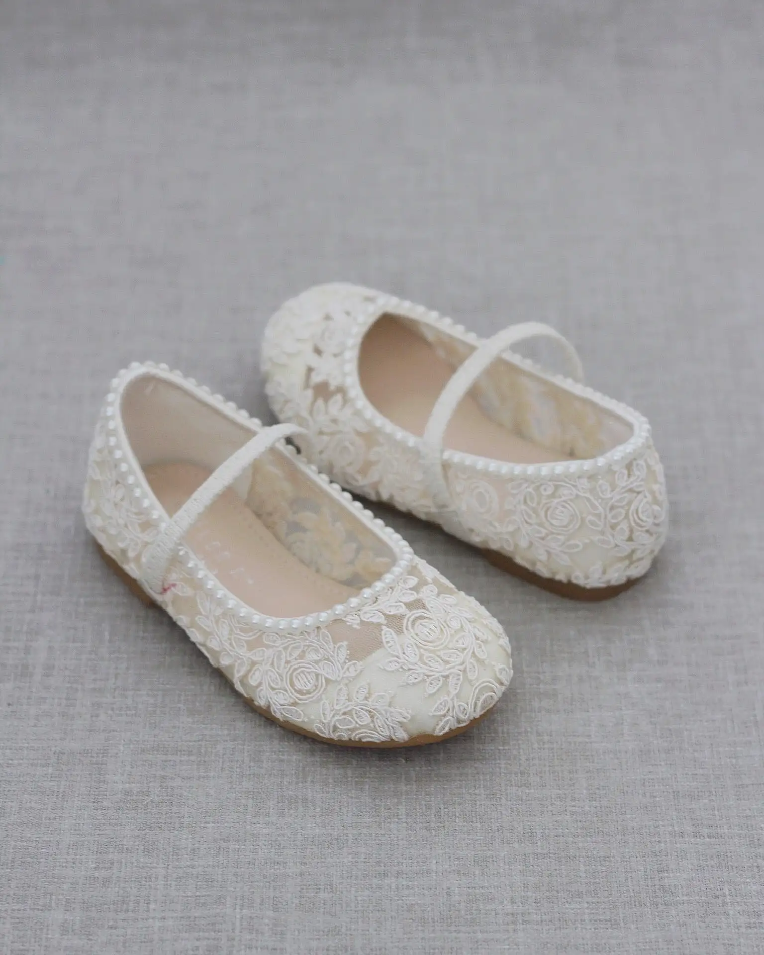 Crochet Lace Mary Jane Flats with Mini Pearls