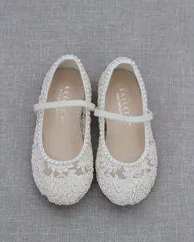 Crochet Lace Mary Jane Flats with Mini Pearls