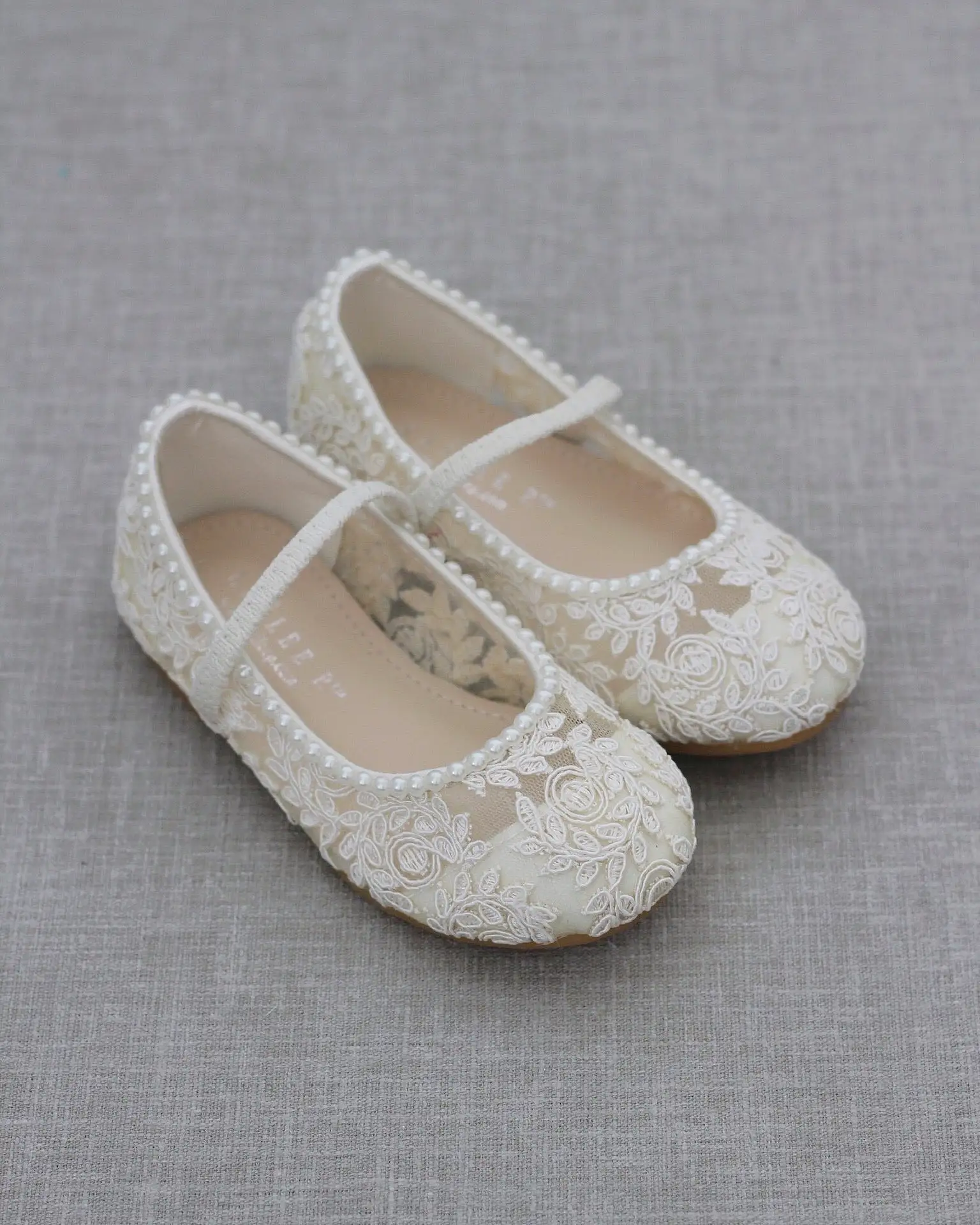 Crochet Lace Mary Jane Flats with Mini Pearls