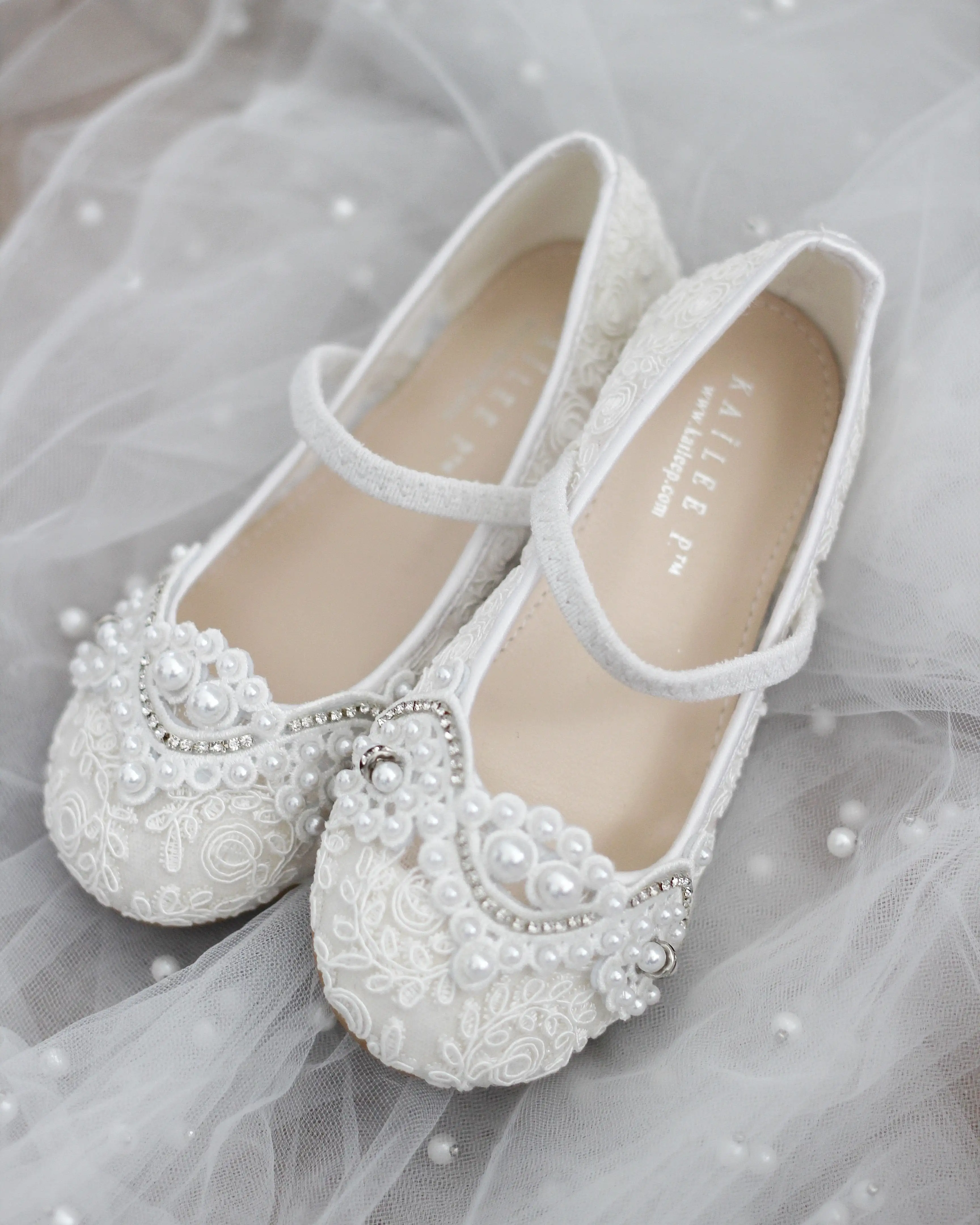 Crochet Lace Mary Jane Flats with Small Pearls Applique