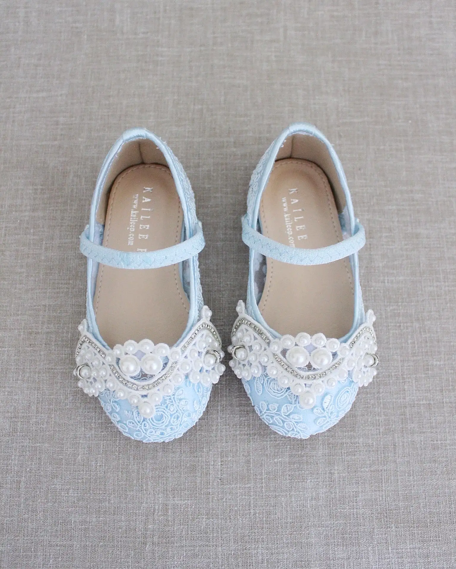 Crochet Lace Mary Jane Flats with Small Pearls Applique