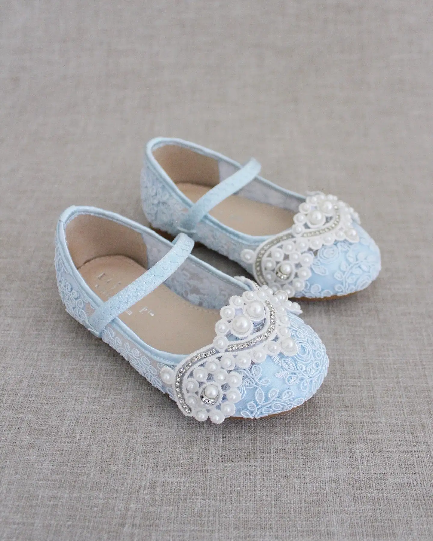 Crochet Lace Mary Jane Flats with Small Pearls Applique