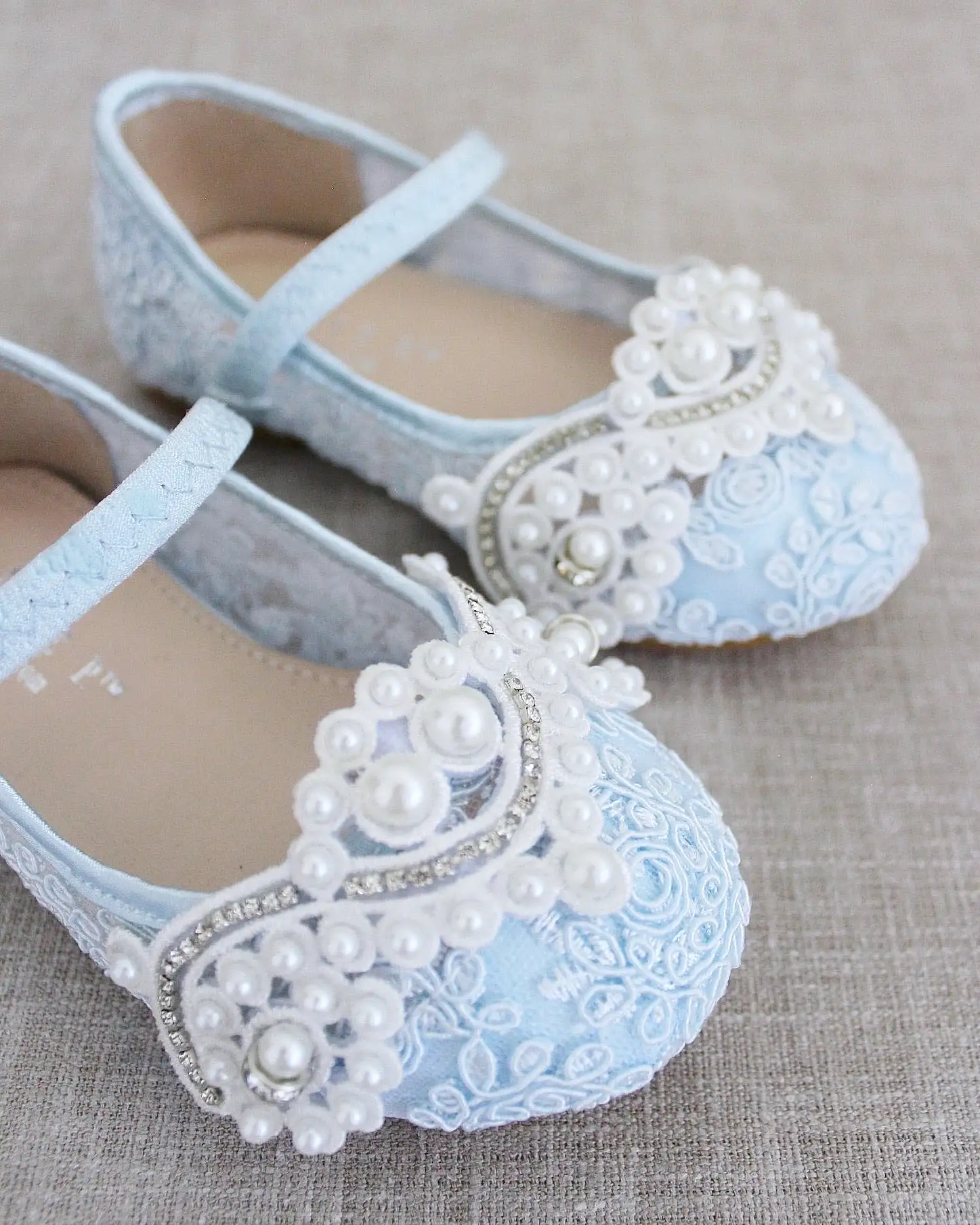 Crochet Lace Mary Jane Flats with Small Pearls Applique