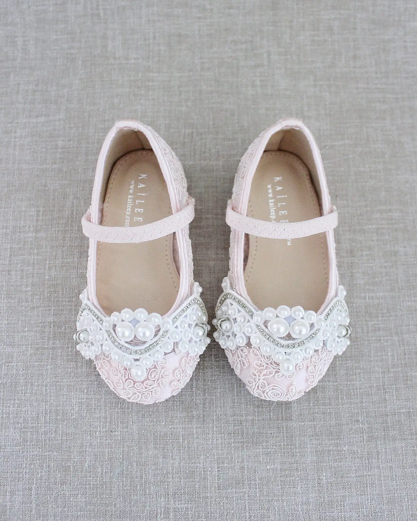 Crochet Lace Mary Jane Flats with Small Pearls Applique