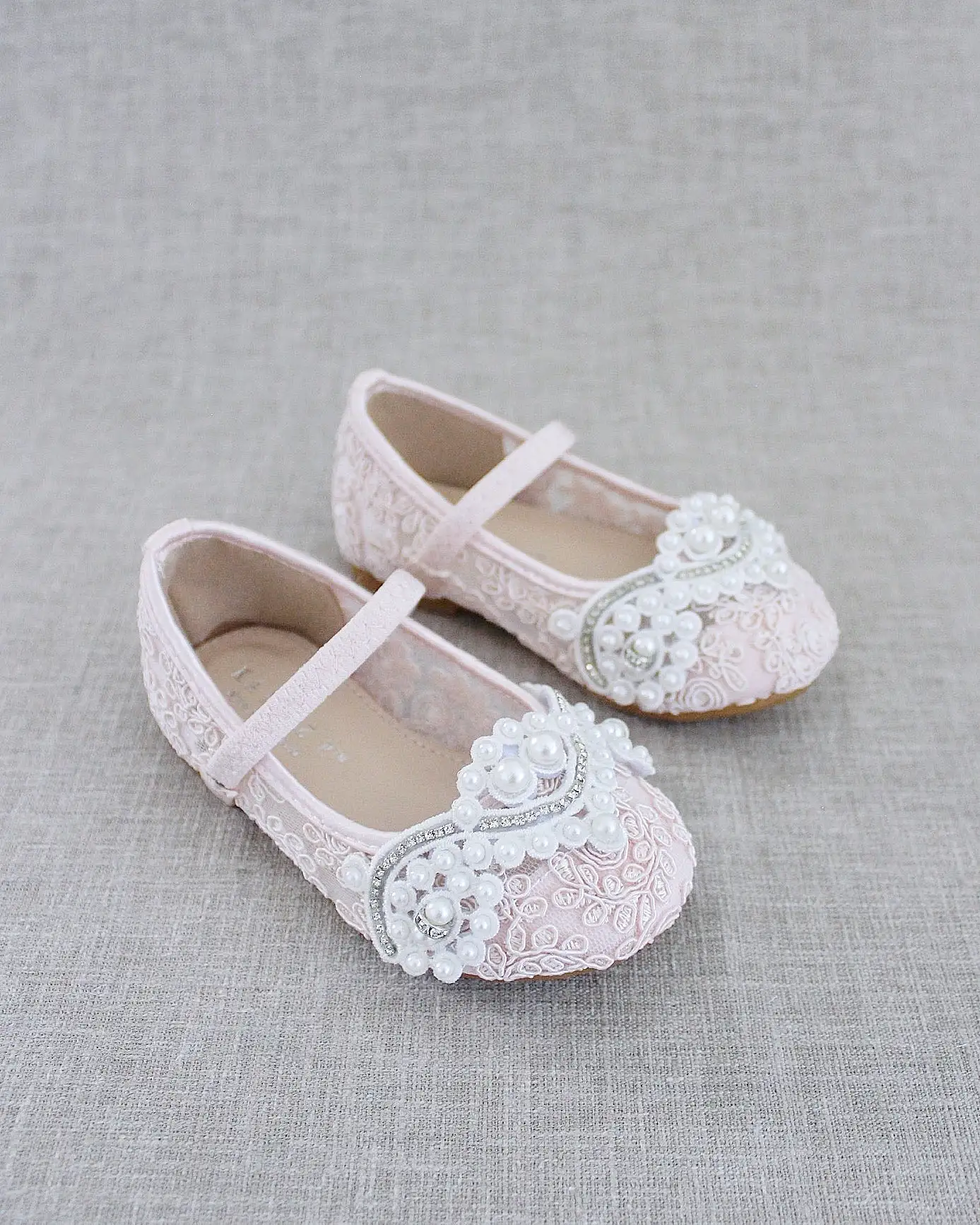 Crochet Lace Mary Jane Flats with Small Pearls Applique