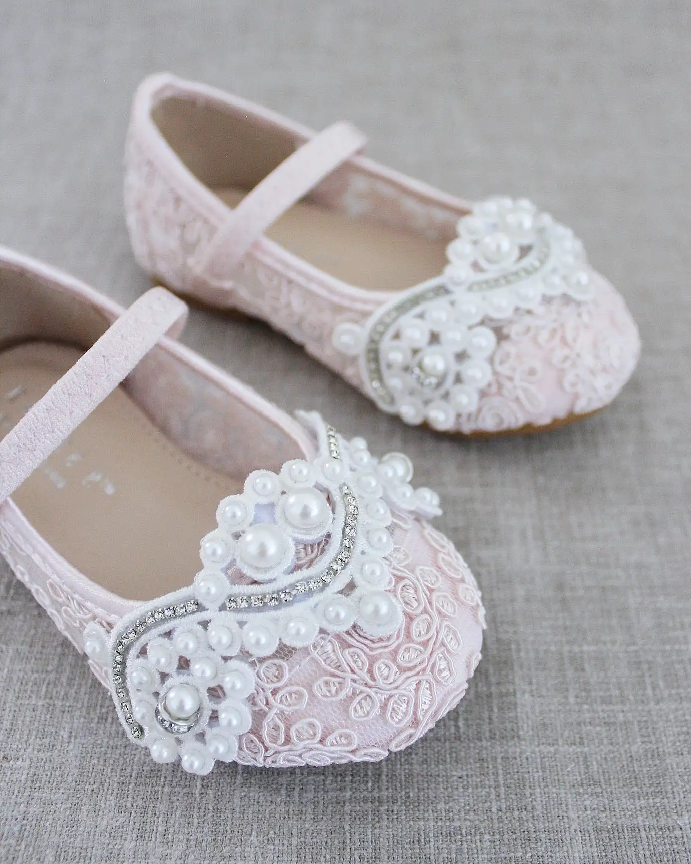 Crochet Lace Mary Jane Flats with Small Pearls Applique