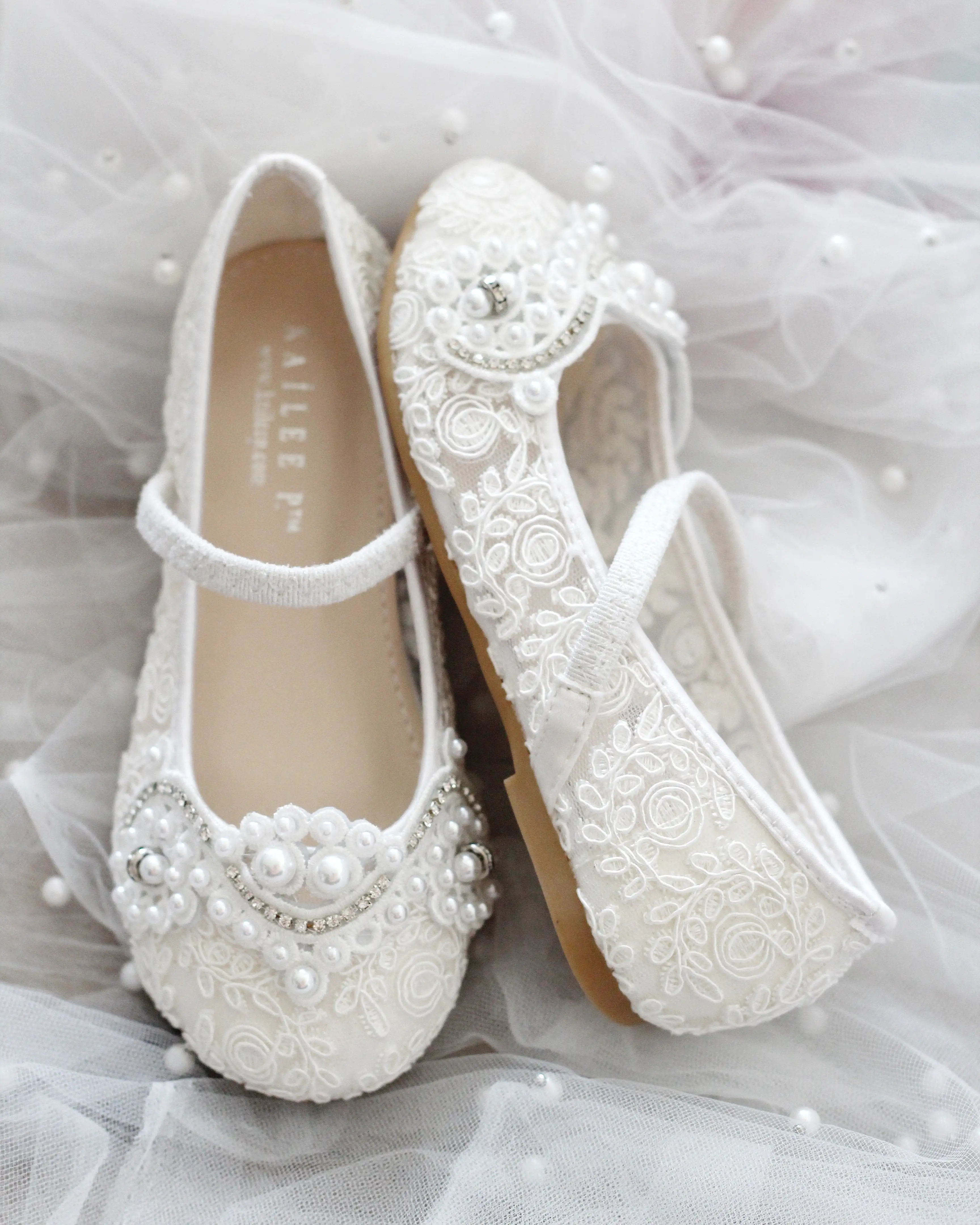 Crochet Lace Mary Jane Flats with Small Pearls Applique