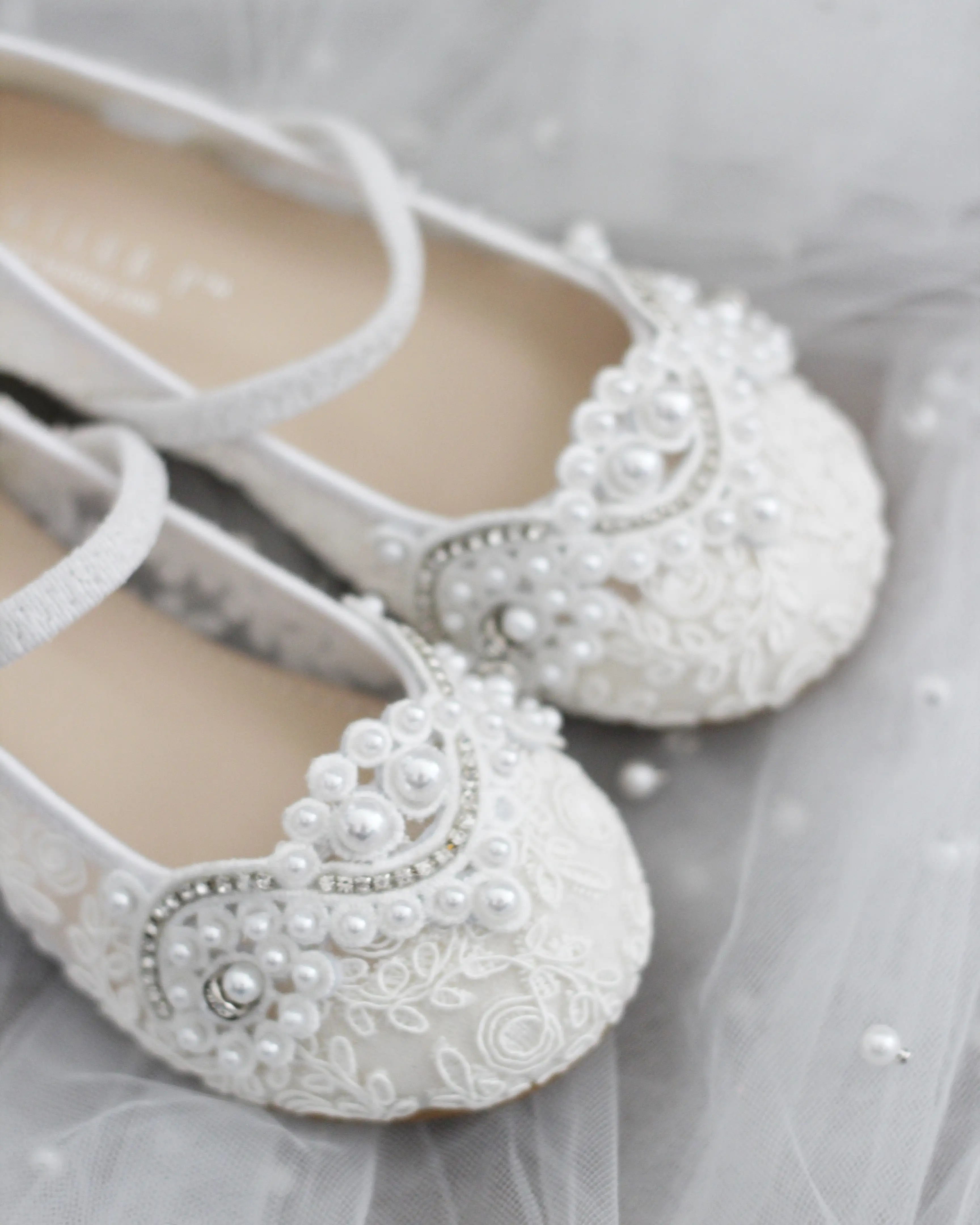 Crochet Lace Mary Jane Flats with Small Pearls Applique