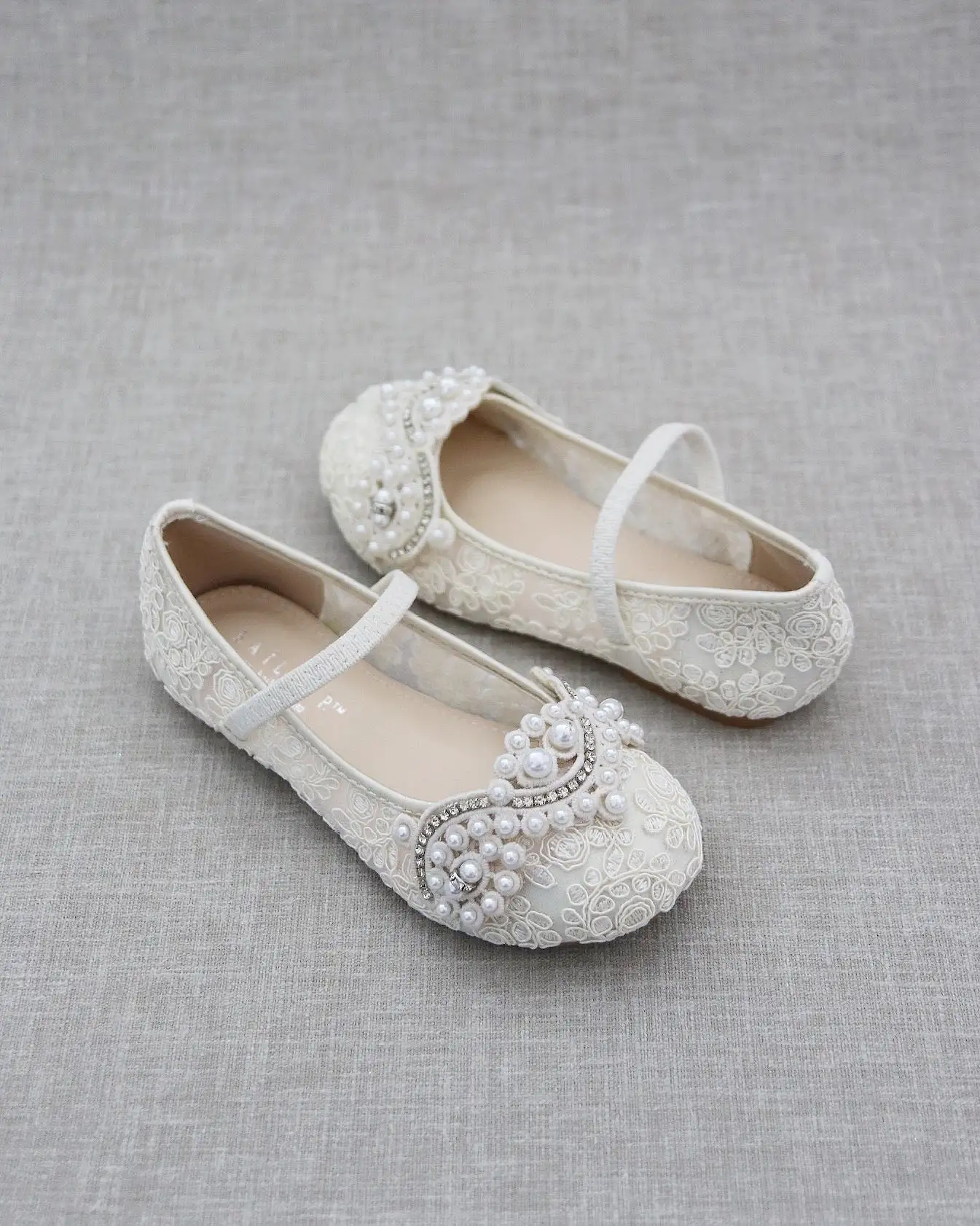 Crochet Lace Mary Jane Flats with Small Pearls Applique