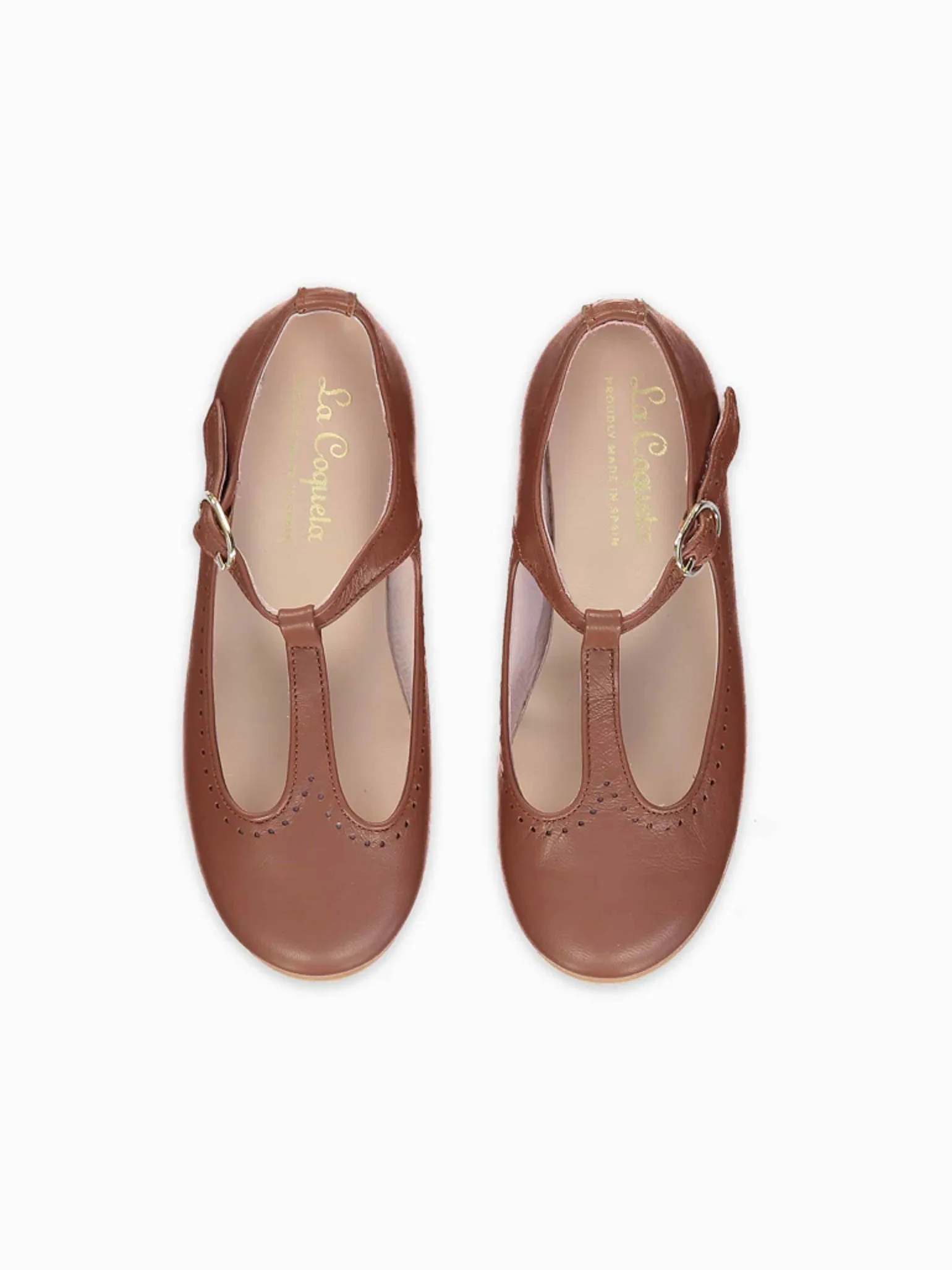 Dark Tan Leather Girl T-Bar Shoes