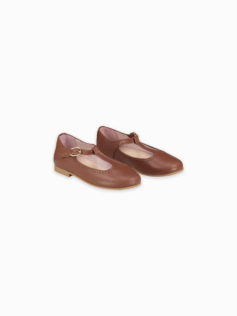 Dark Tan Leather Girl T-Bar Shoes