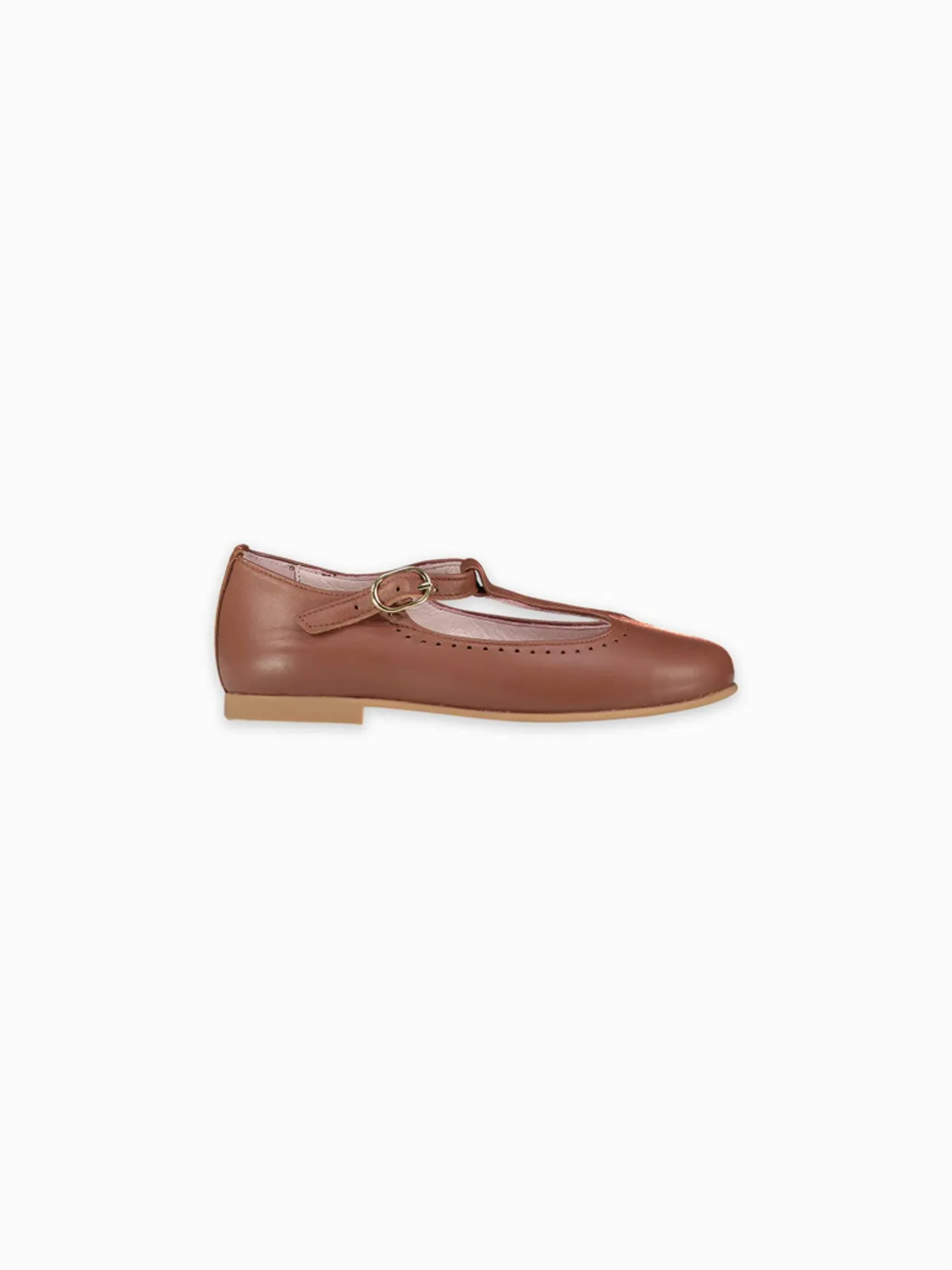 Dark Tan Leather Girl T-Bar Shoes