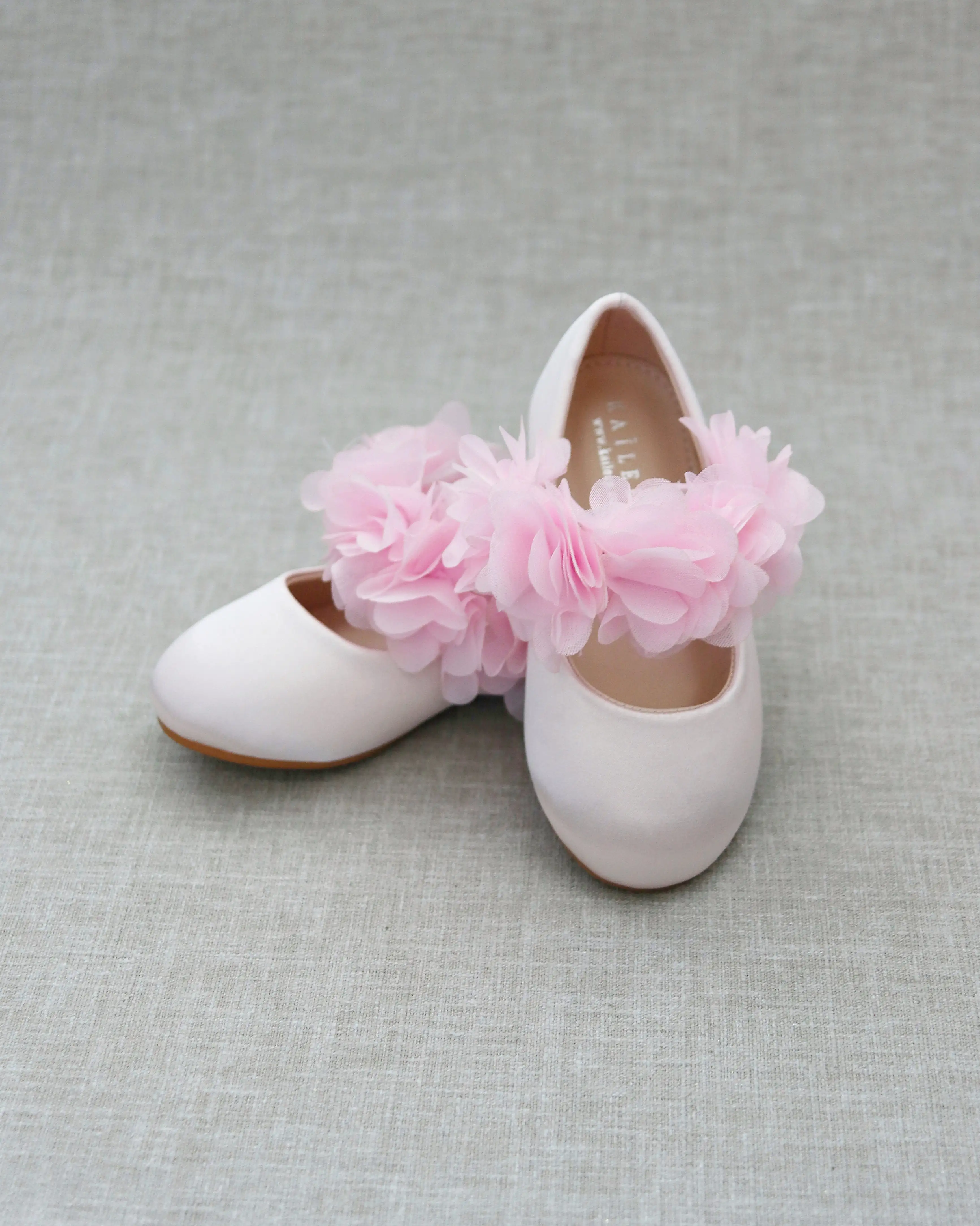 Dusty Pink Satin Mary Jane Flats with Chiffon Flowers