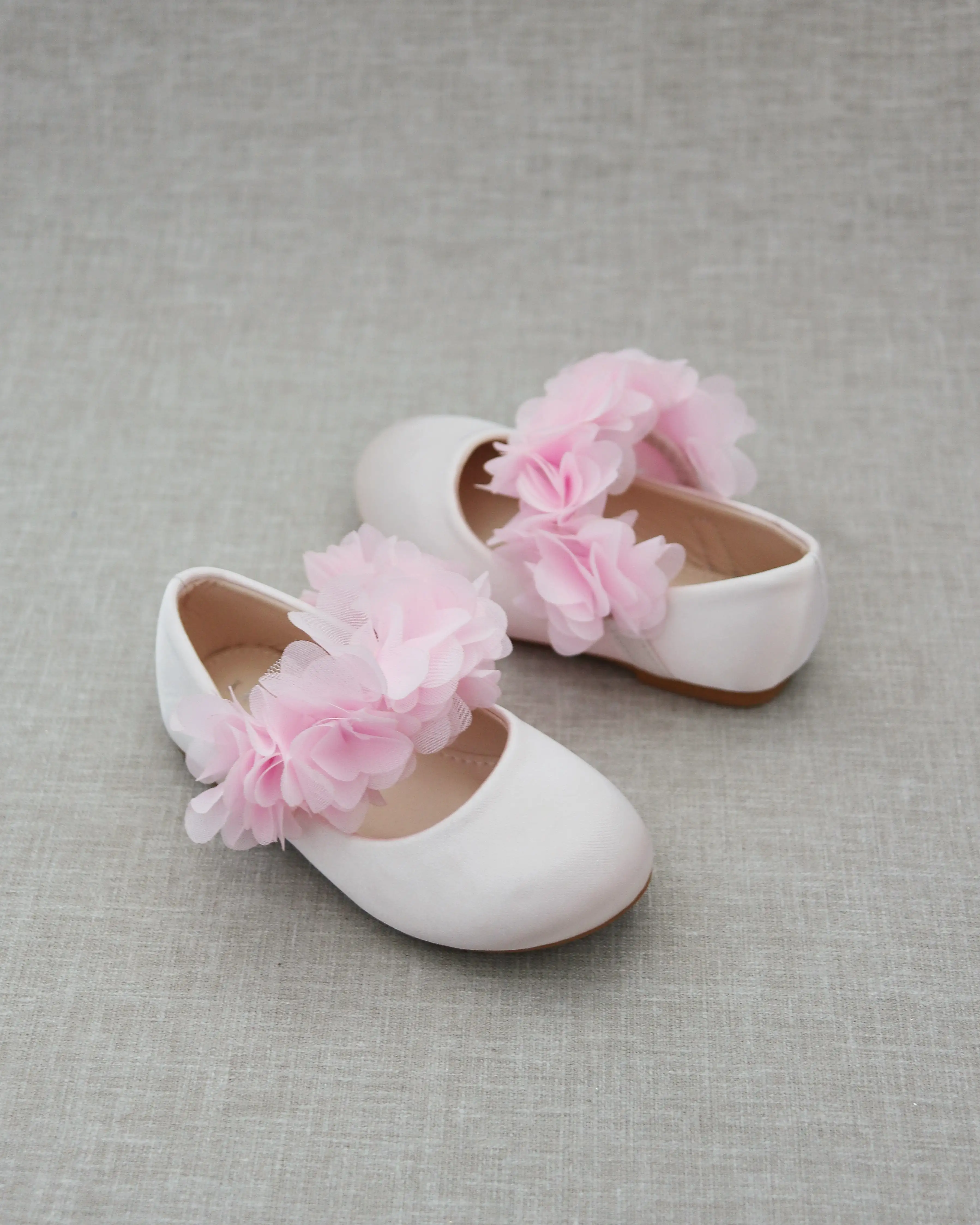 Dusty Pink Satin Mary Jane Flats with Chiffon Flowers