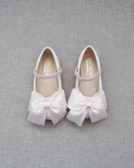 Dusty Pink Satin Mary Jane Flats with Front Satin Bow