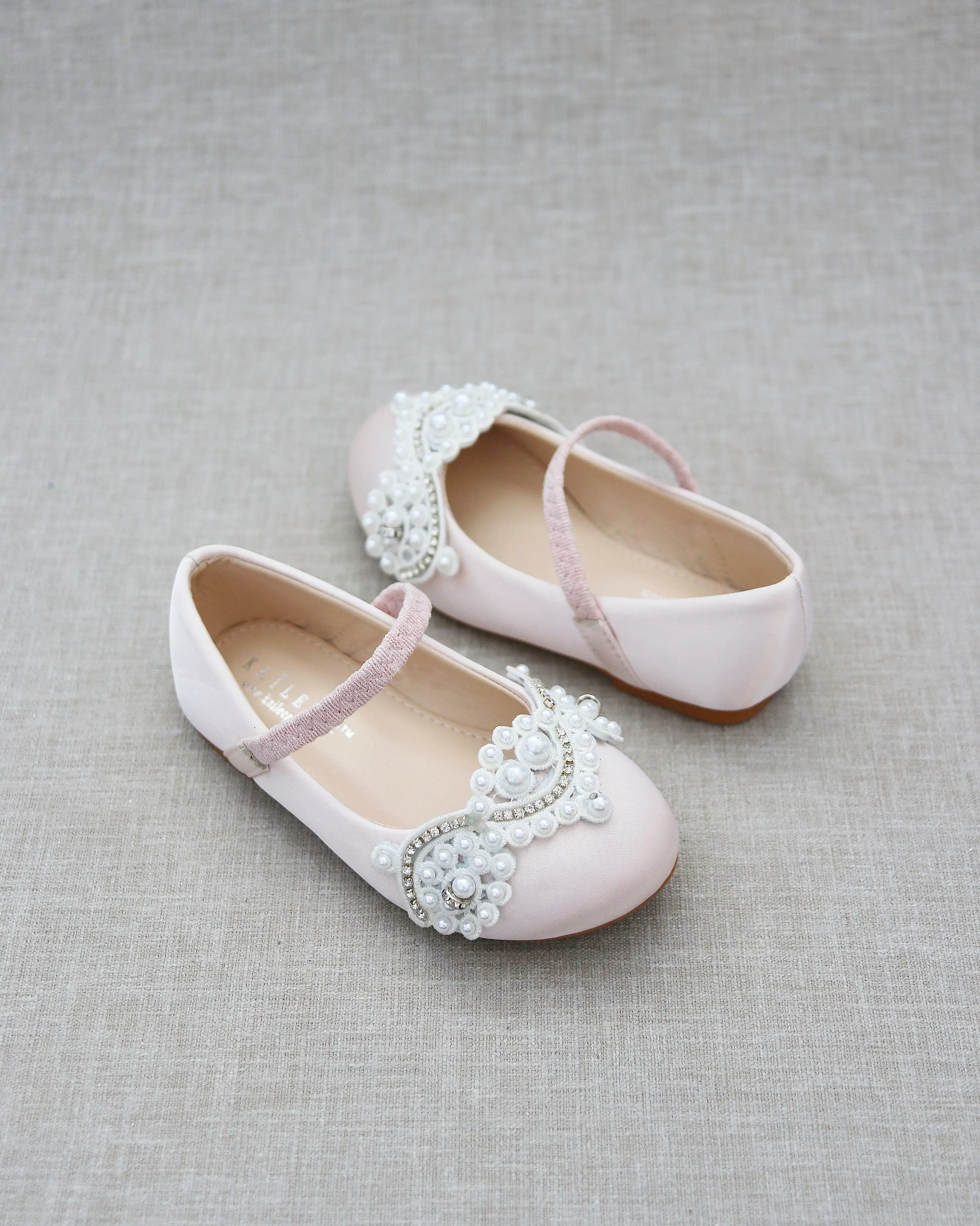 Dusty Pink Satin Mary Jane Flats with Small Pearls Applique