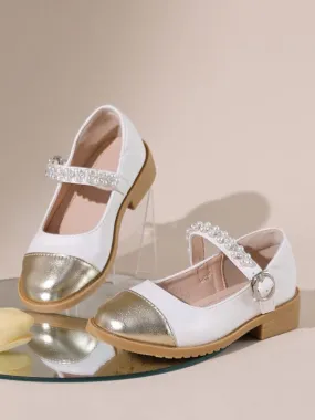 Flower Girl Shoes Gold PU Leather Pearls Party Shoes For Kids