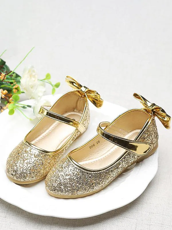 Flower Girl Shoes Gold Sequined Cloth Bows Party Shoes For Kids