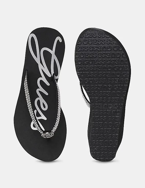 GUESS Women Black Stone Studded V-Strap Sechi Flip Flops