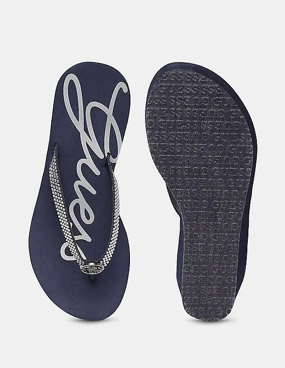 GUESS Women Dark Blue Stone Studded V-Strap Flip Flops