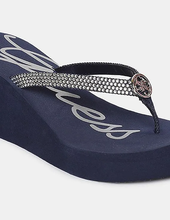 GUESS Women Dark Blue Stone Studded V-Strap Flip Flops