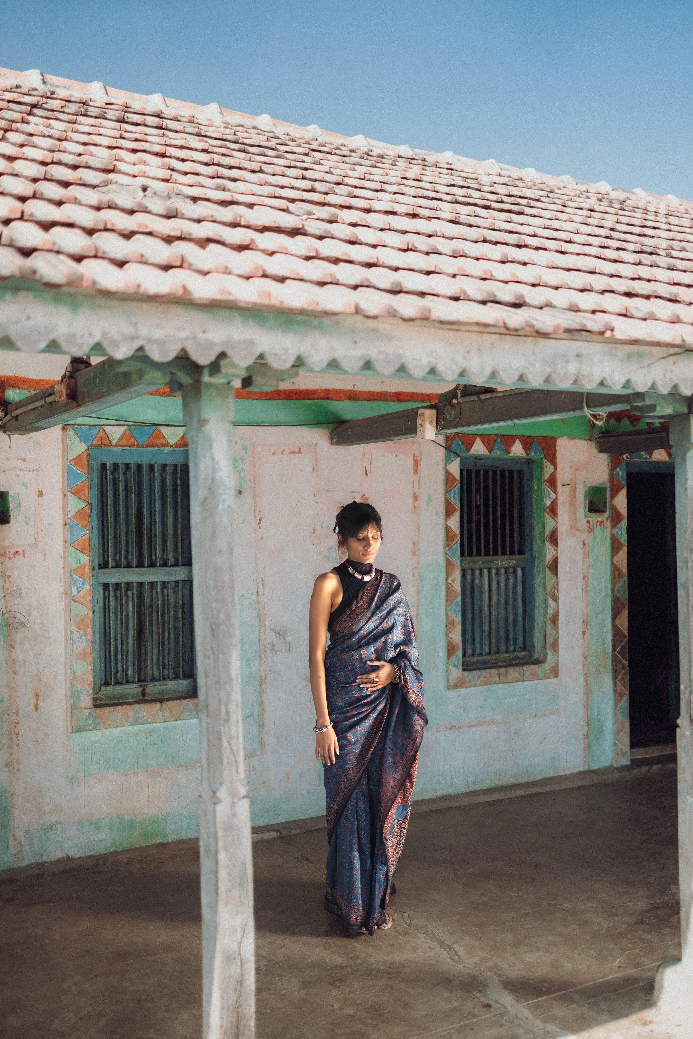 Jharokha -Indigo silk cotton Ajrakh handblockprinted saree