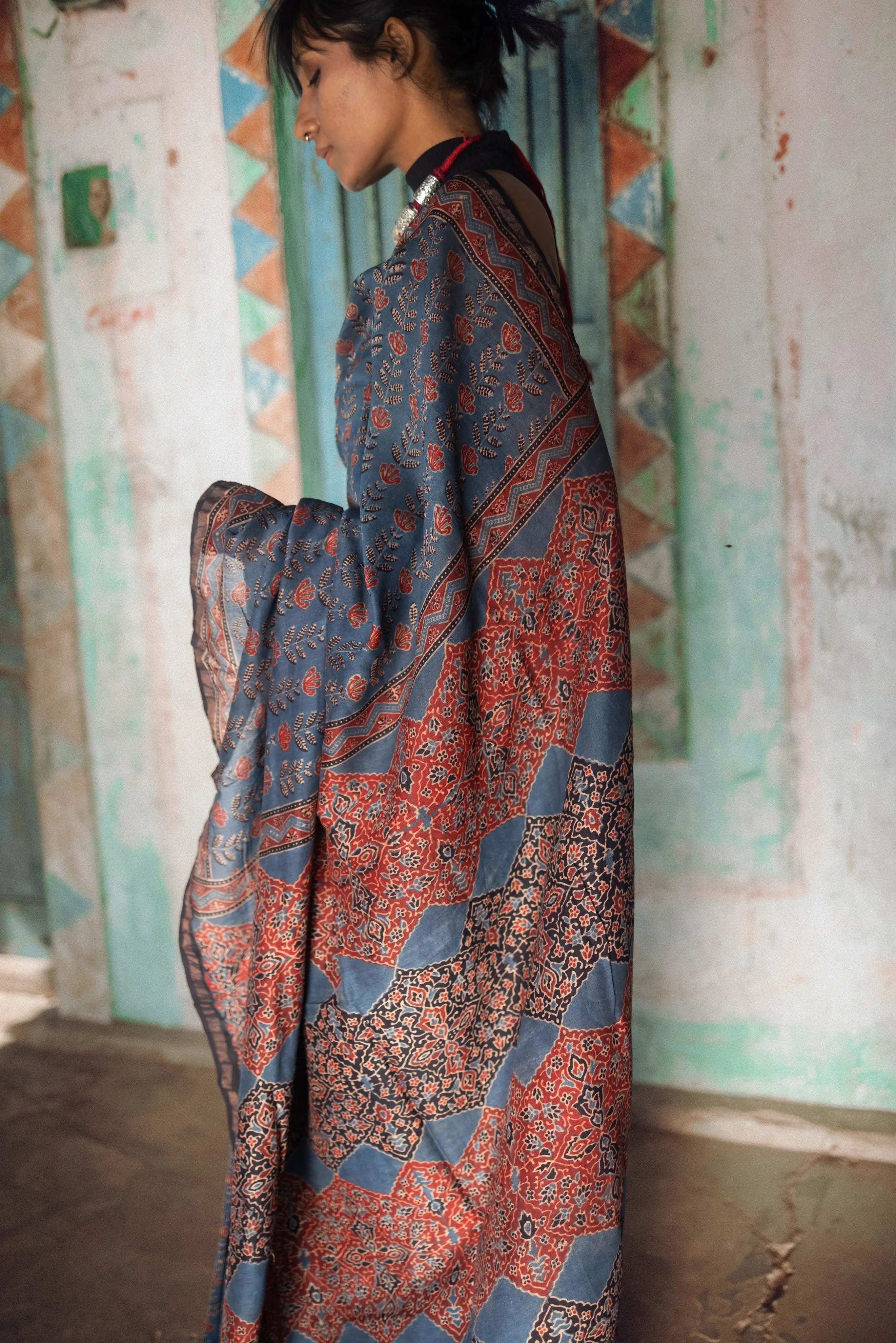 Jharokha -Indigo silk cotton Ajrakh handblockprinted saree