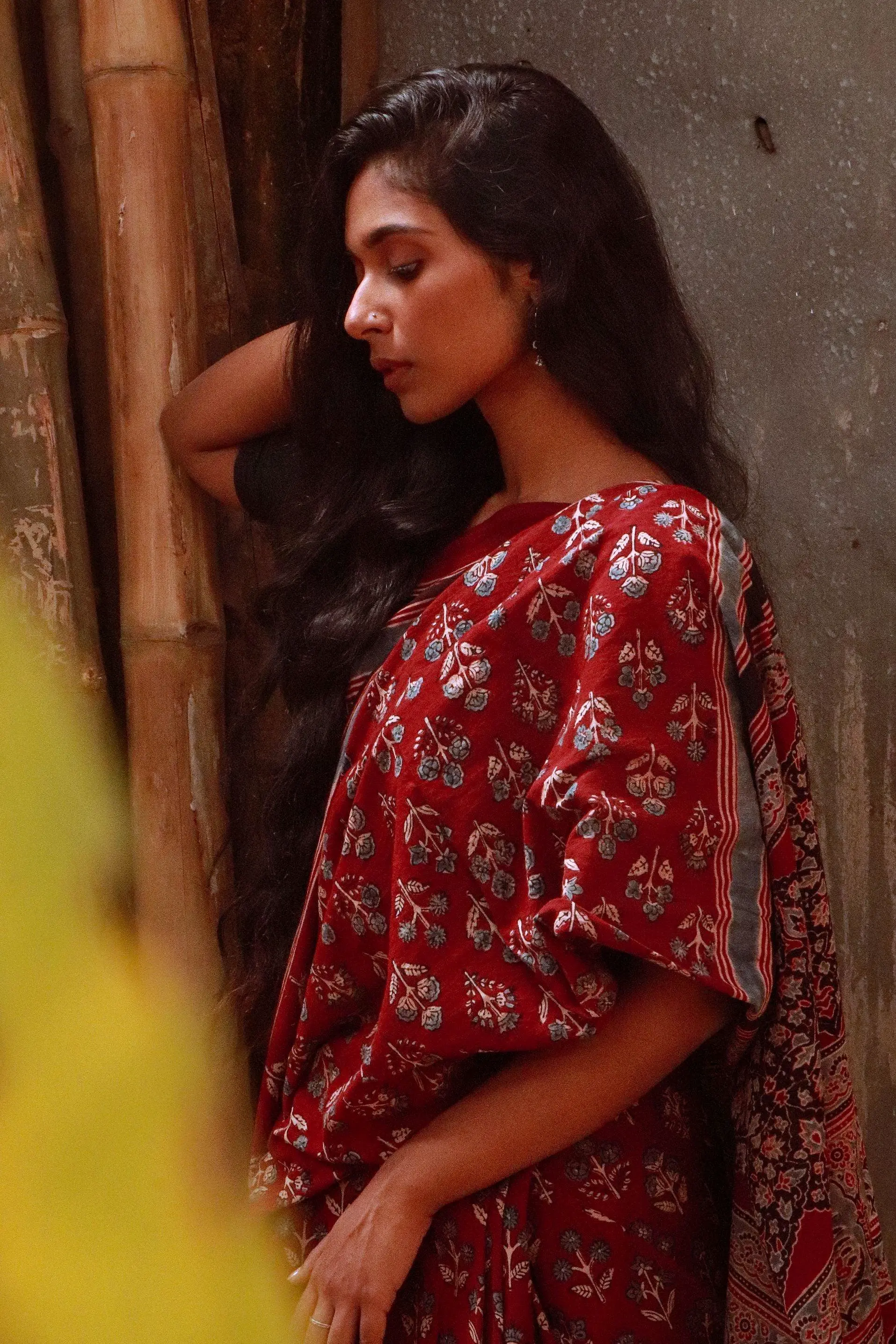 Jharokha -Maroon Ajrkah  handblockprinted saree