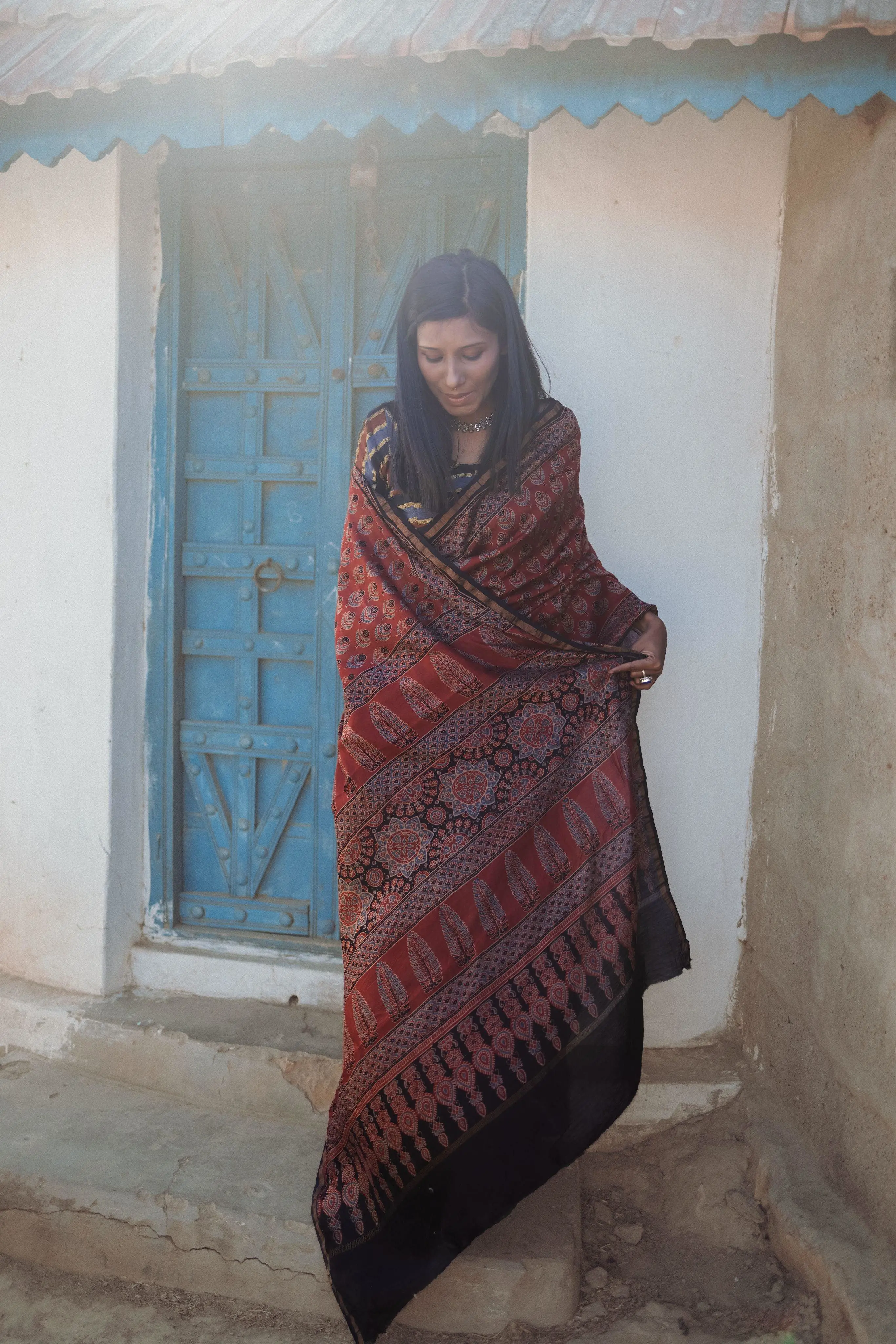 Jharokha -Red silk cotton Ajrakh handblockprinted saree