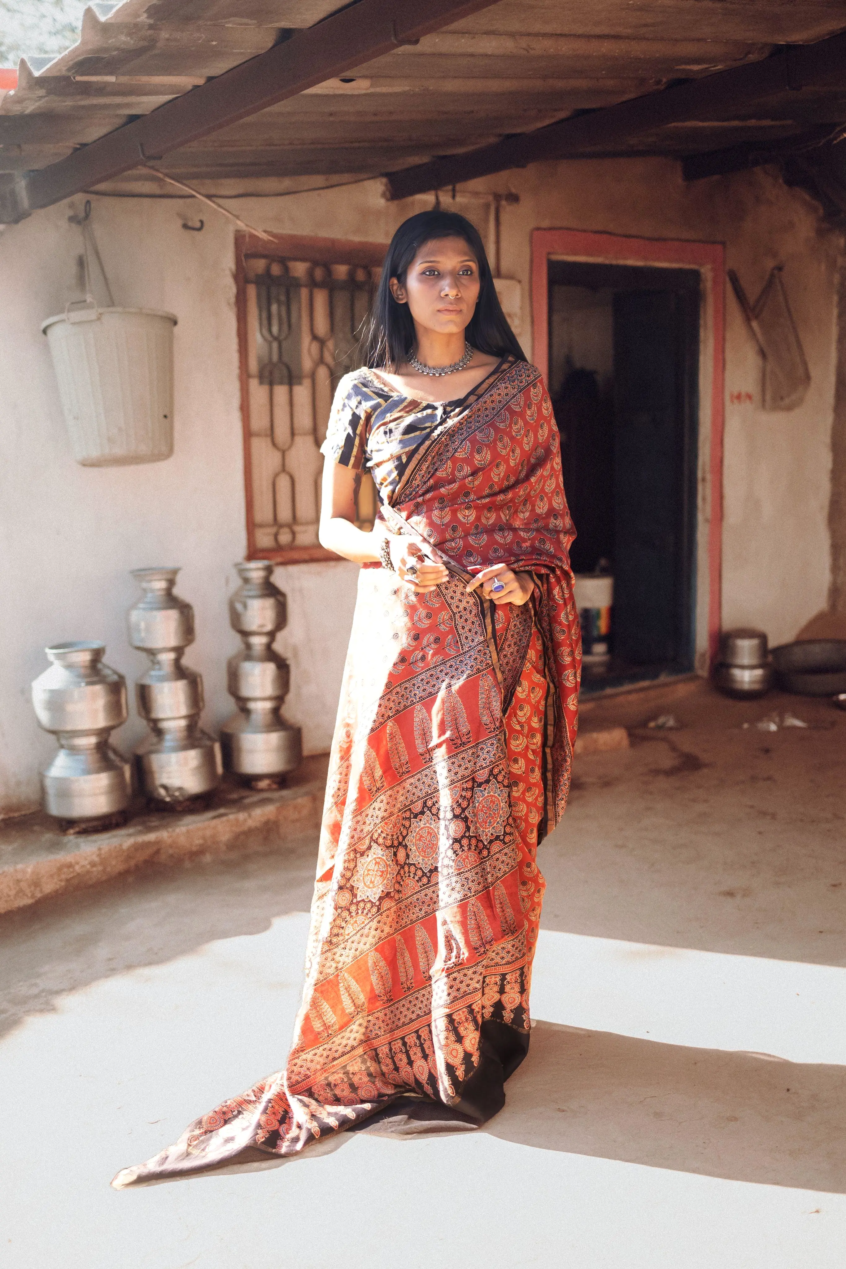 Jharokha -Red silk cotton Ajrakh handblockprinted saree