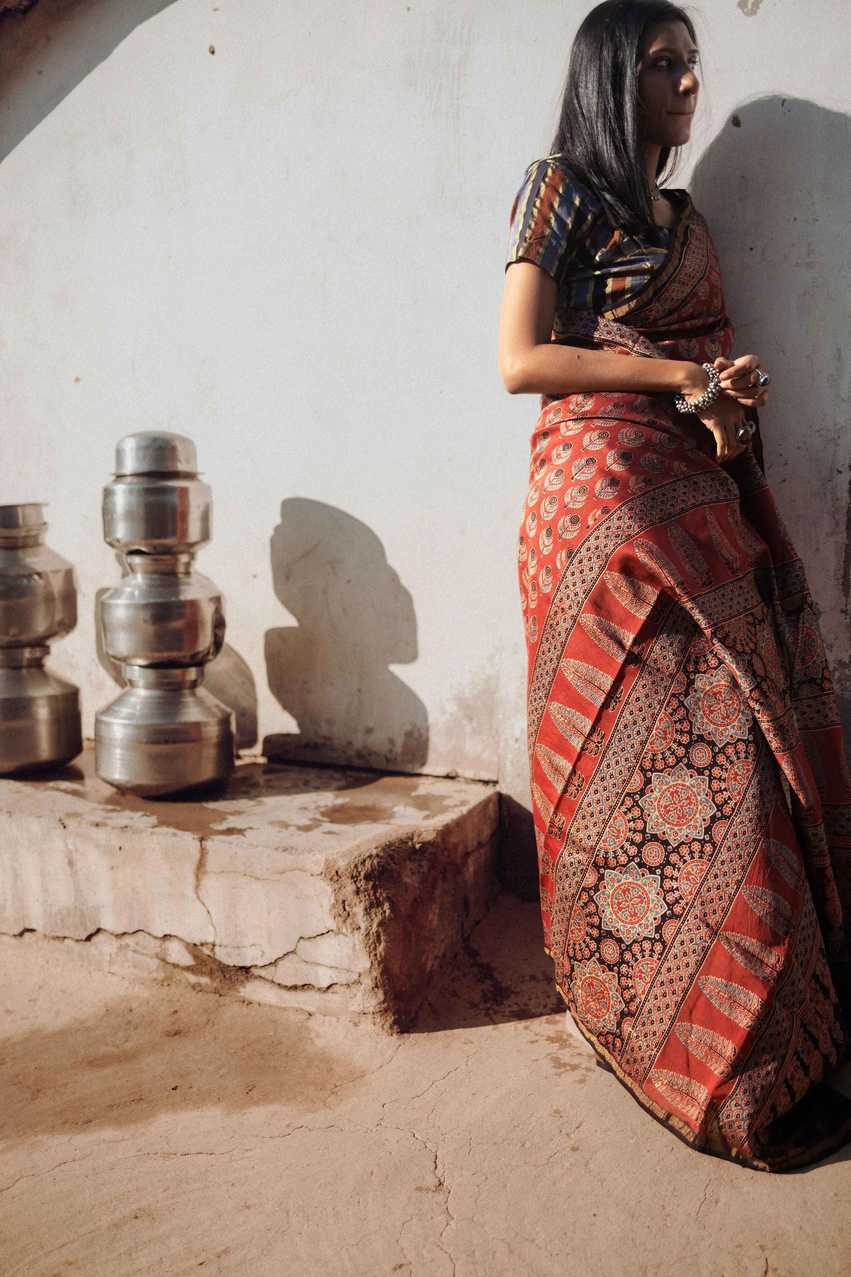 Jharokha -Red silk cotton Ajrakh handblockprinted saree